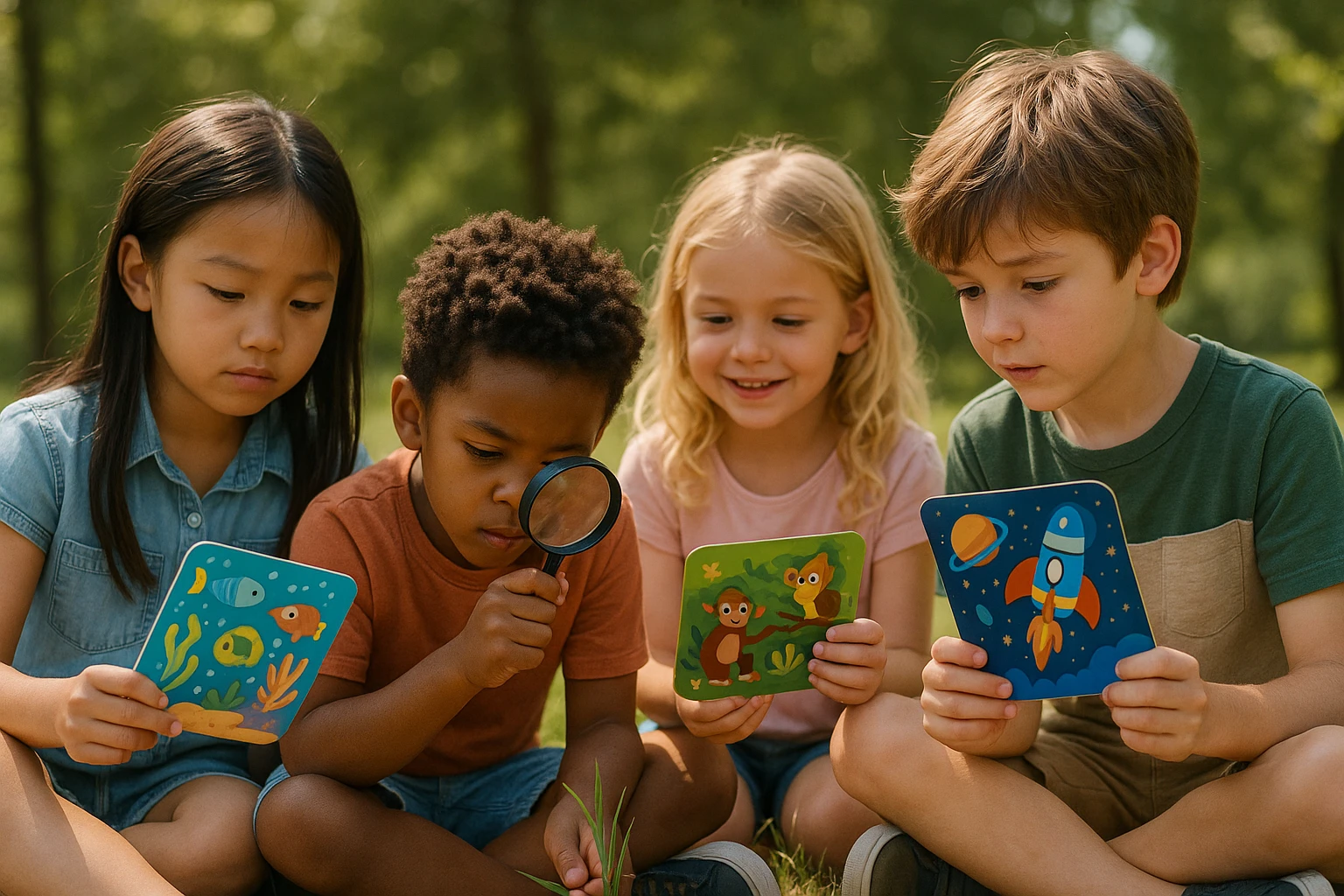 A group of children outdoors, each holding a colorful, interactive learning card featuring various subjects like animals and space, while a child uses a magnifying glass to explore nature, embodying micro-learning principles in a playful, engaging setting.
