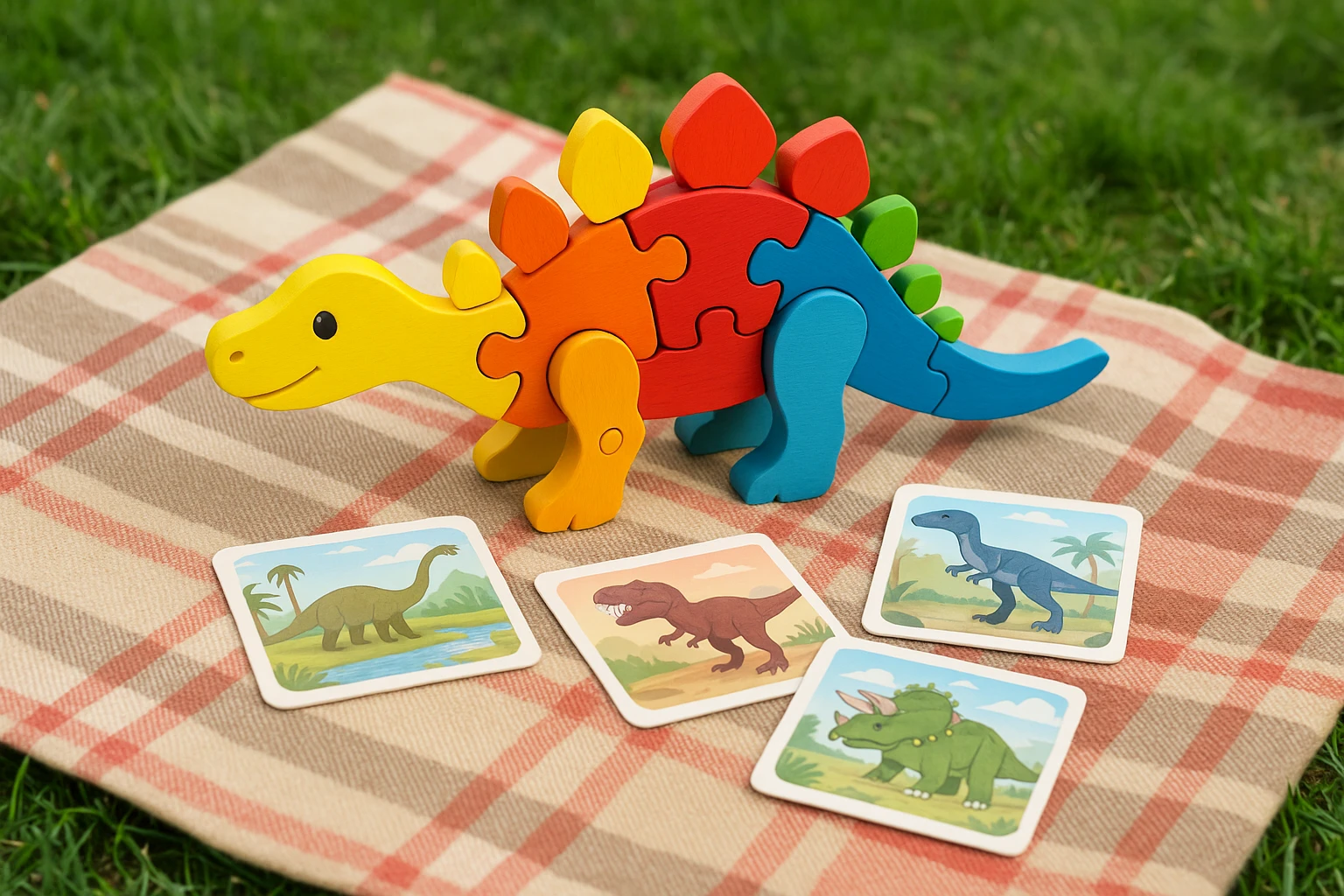 A colorful educational toy depicting a dinosaur puzzle with movable, interlocking pieces on a picnic blanket in the park, alongside flashcards featuring facts about different dinosaur species.