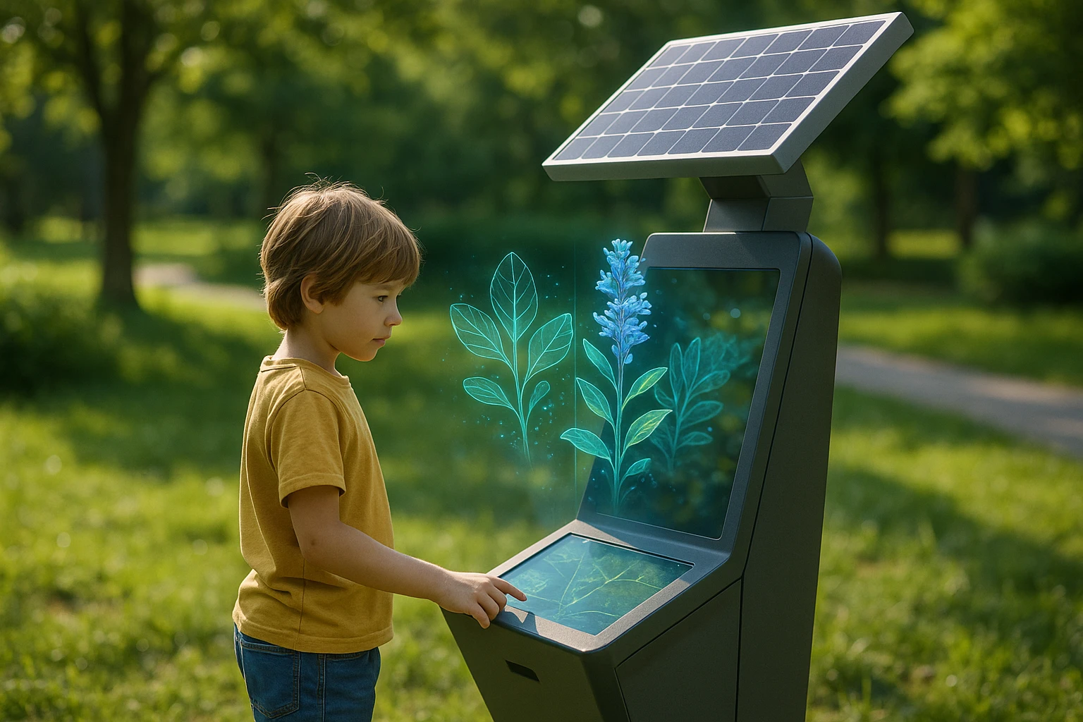 A child in a park exploring a solar-powered interactive information kiosk, with the Life Hub Infiniti Life Vision tool projecting holographic educational content about local flora, embodying AI-driven contextualized learning in an outdoor setting.