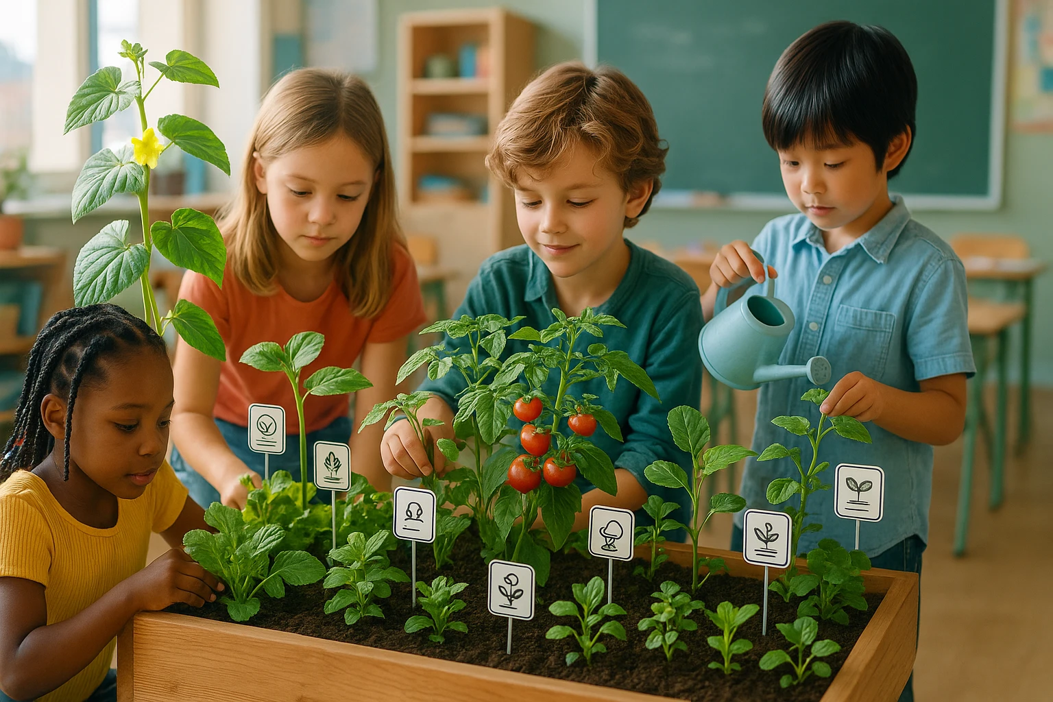 A vibrant classroom garden with children tending to plants, each plant labeled with educational tags powered by AI, symbolizing Life Hub Infiniti's Life Vision tool as part of an interactive learning experience.