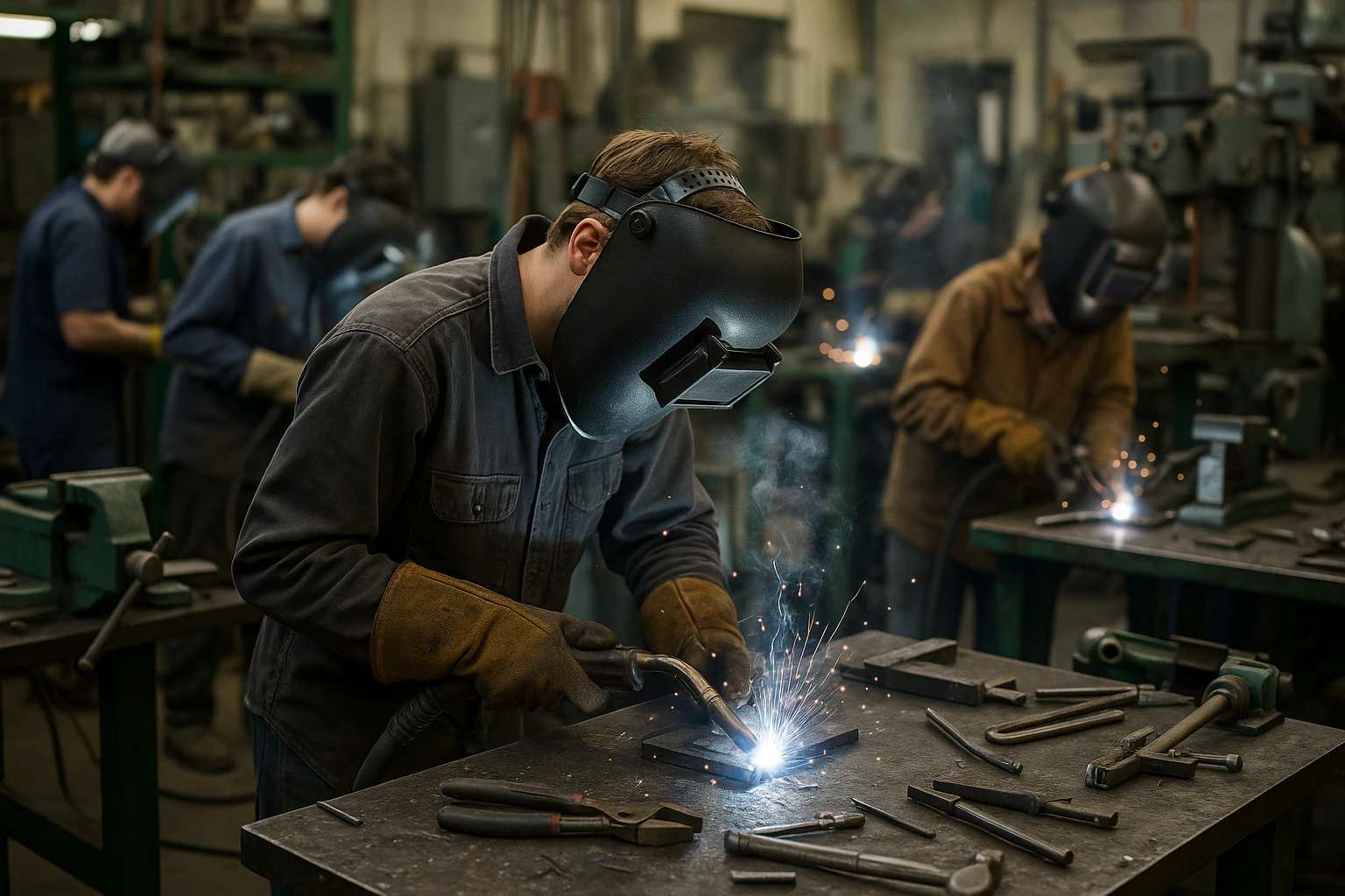 A bustling workshop with students welding metal, surrounded by various hand tools and mechanical equipment, depicting the hands-on learning environment of a trade school.