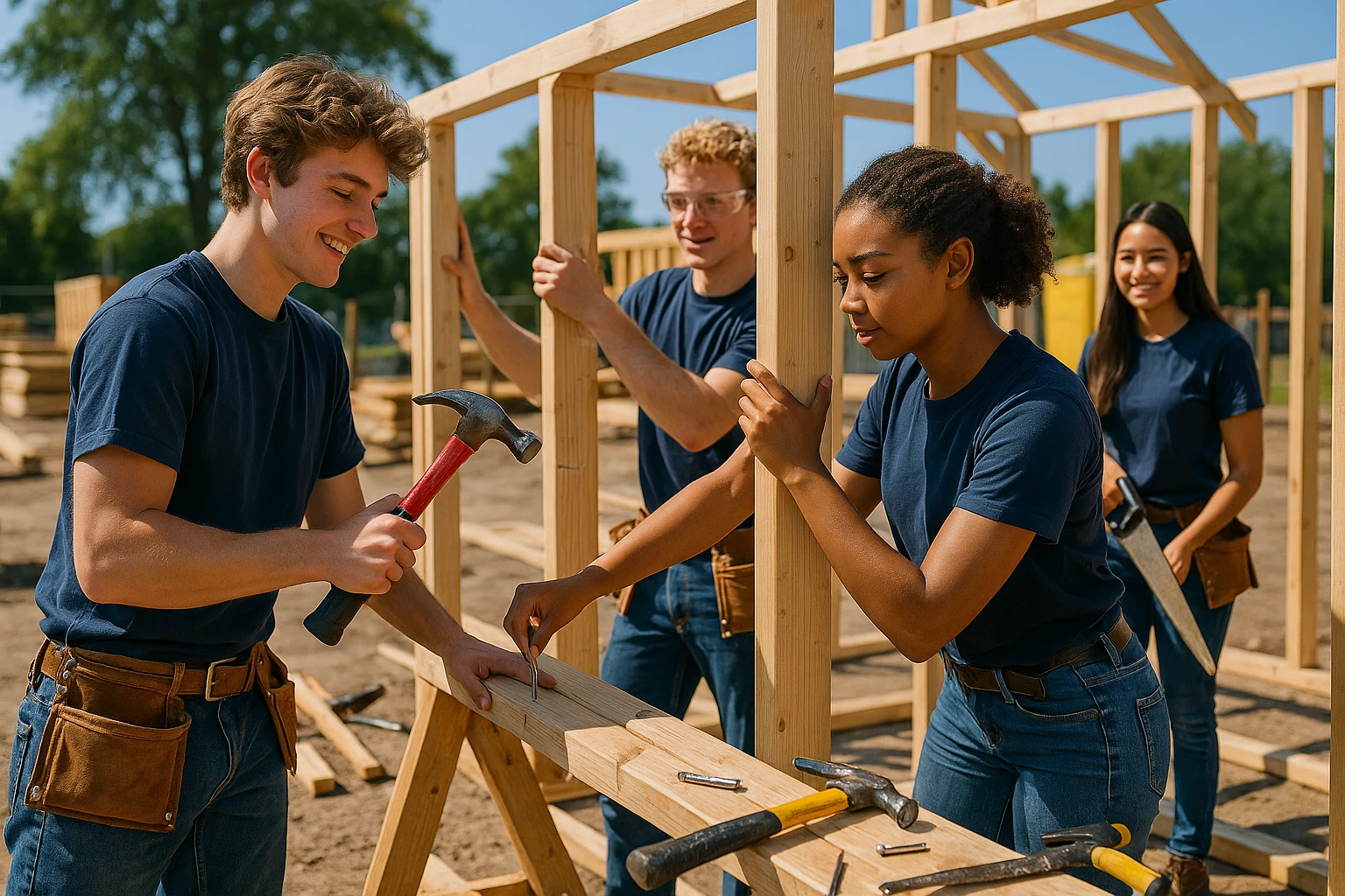 A vibrant outdoor construction site with students collaboratively erecting a wooden framework, surrounded by various tools like hammers and saws, showcasing the practical skills learned at a trade school.