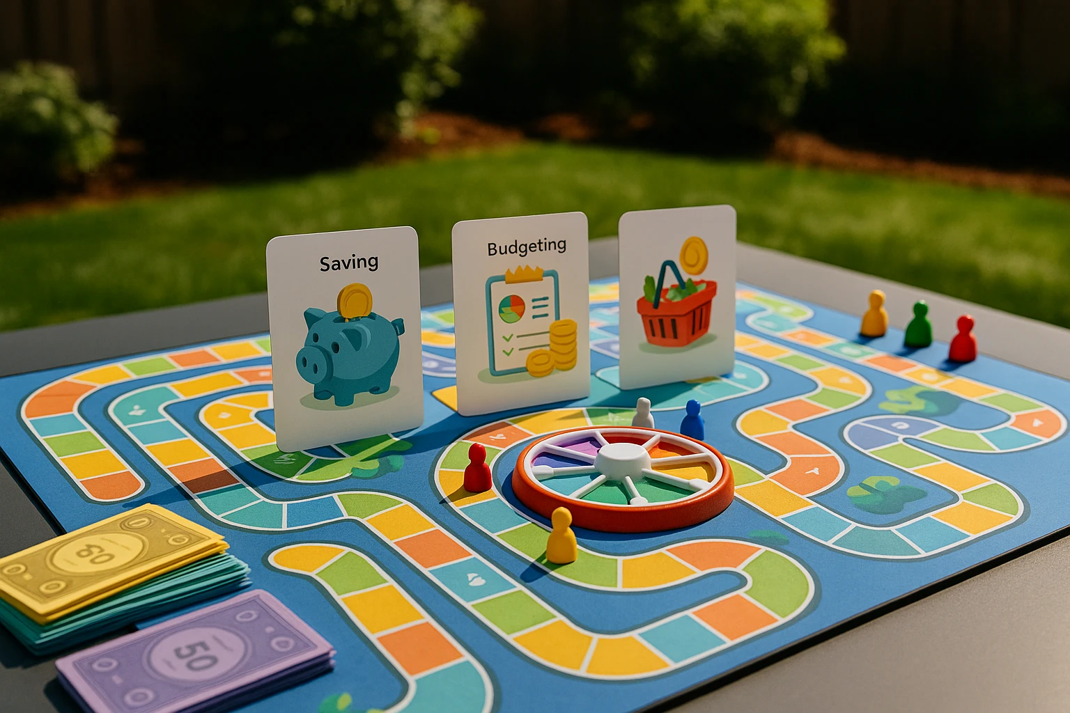 A colorful, interactive financial board game spread out on a table in a sunny backyard, with Life Hub branding visible on game pieces and educational cards illustrating saving and budgeting practices.