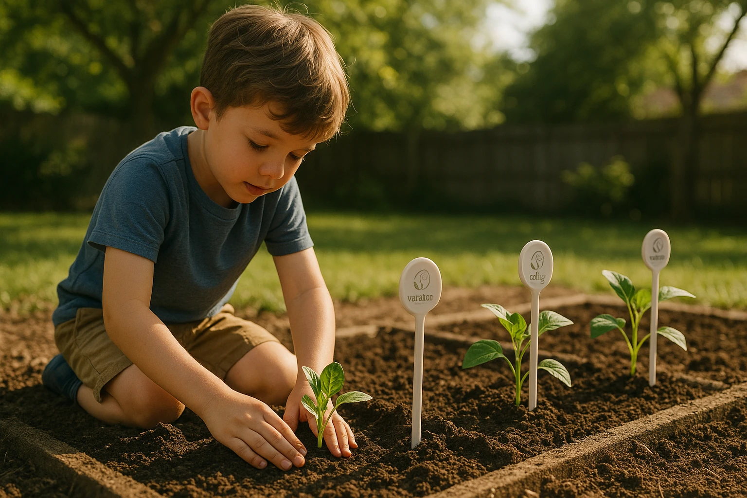 A child planting a small garden with labeled sections for different savings goals, each section marked with Life Hub branded plant stakes, emphasizing growth and nurturing habits in a sunny backyard setting.