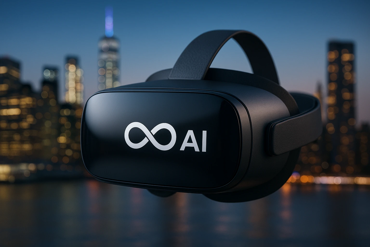 Infiniti AI logo prominently displayed on a sleek virtual reality headset, with a vibrant cityscape in the background symbolizing AI integration into modern life.