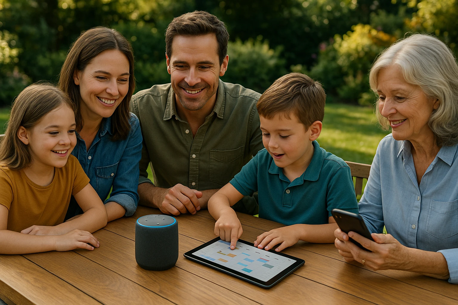 A family gathered around a large table outdoors, using smart home devices like a voice-activated assistant and a digital planner, amidst a garden setting, symbolizing technology integration into everyday family life.