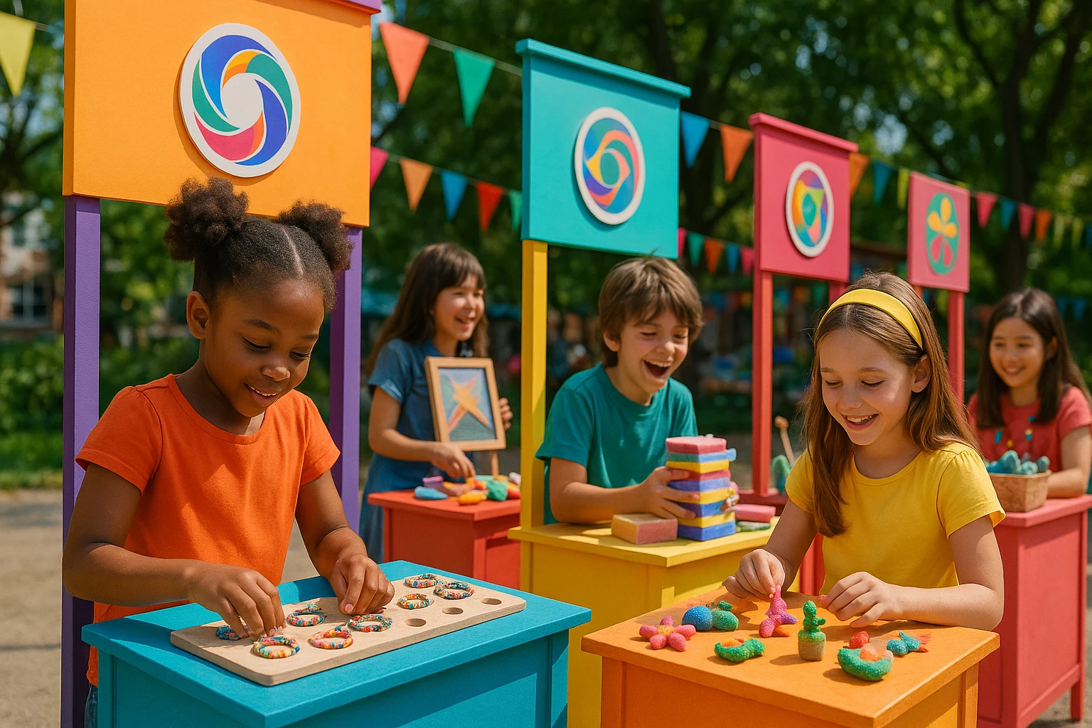 A group of children energetically engaging in a community market, setting up small colorful booths displaying handmade crafts and products, surrounded by vibrant signage featuring the Life Hub Infiniti AI logo.