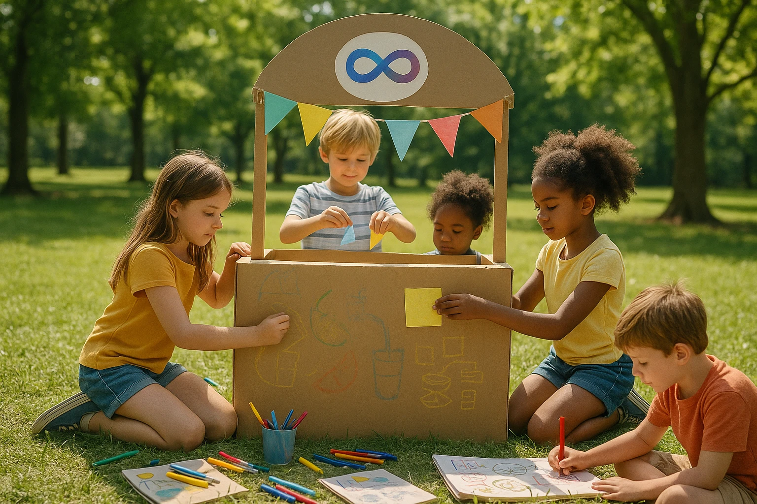 A group of children gathered in a sunny park, collaboratively building and decorating a cardboard lemonade stand, with colorful banners featuring the Life Hub Infiniti AI logo, surrounded by art supplies and playful business plans sketched on notepads.