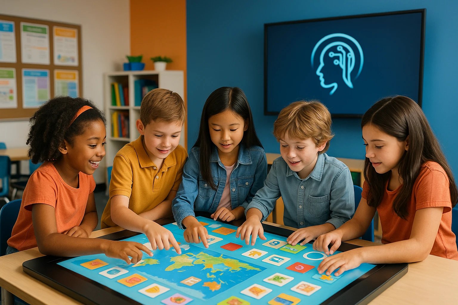 A vibrant classroom setting showing a group of students collaborating around an interactive smart table adorned with colorful educational materials and a Life Hub Infiniti AI logo prominently displayed on a wall-mounted screen, highlighting innovation and technology integration in microschools.