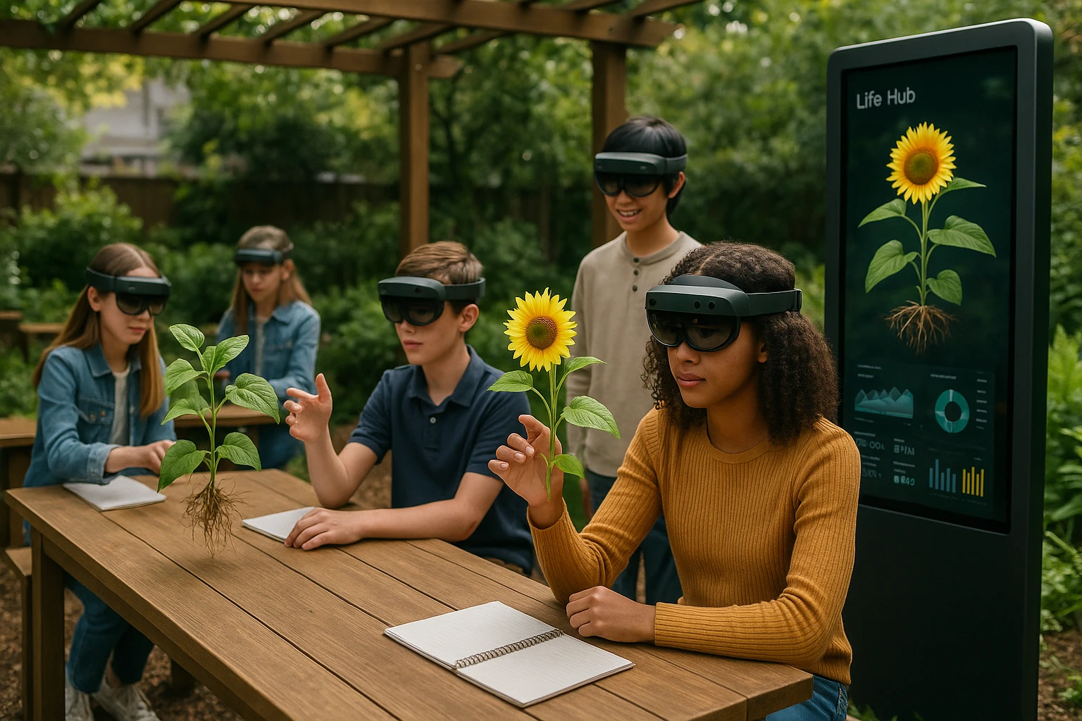 A cozy outdoor garden classroom with students using augmented reality glasses to interact with virtual plant models, and a Life Hub Infiniti AI kiosk displaying project data, emphasizing the blend of nature and technology in microschools.