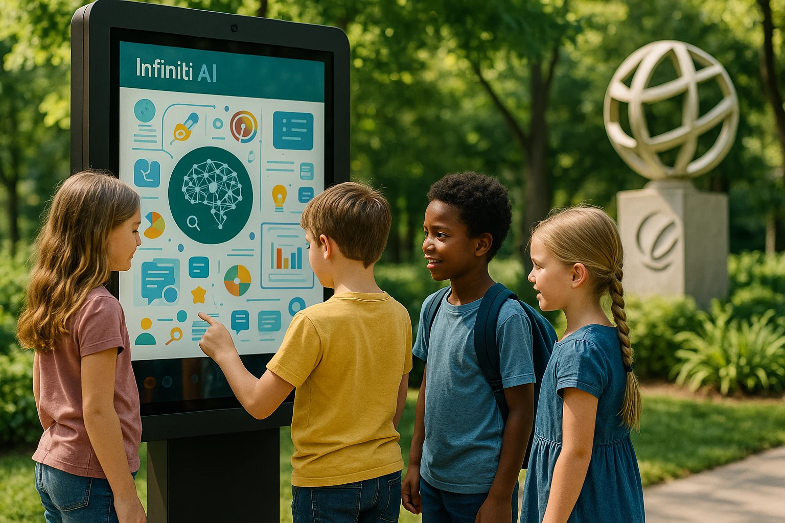 A vibrant outdoor setting featuring a large, interactive digital kiosk displaying an educational interface powered by Infiniti AI, surrounded by curious children engaging with the technology, with lush greenery and a sculpture of Electus Global Education Co's logo in the background.