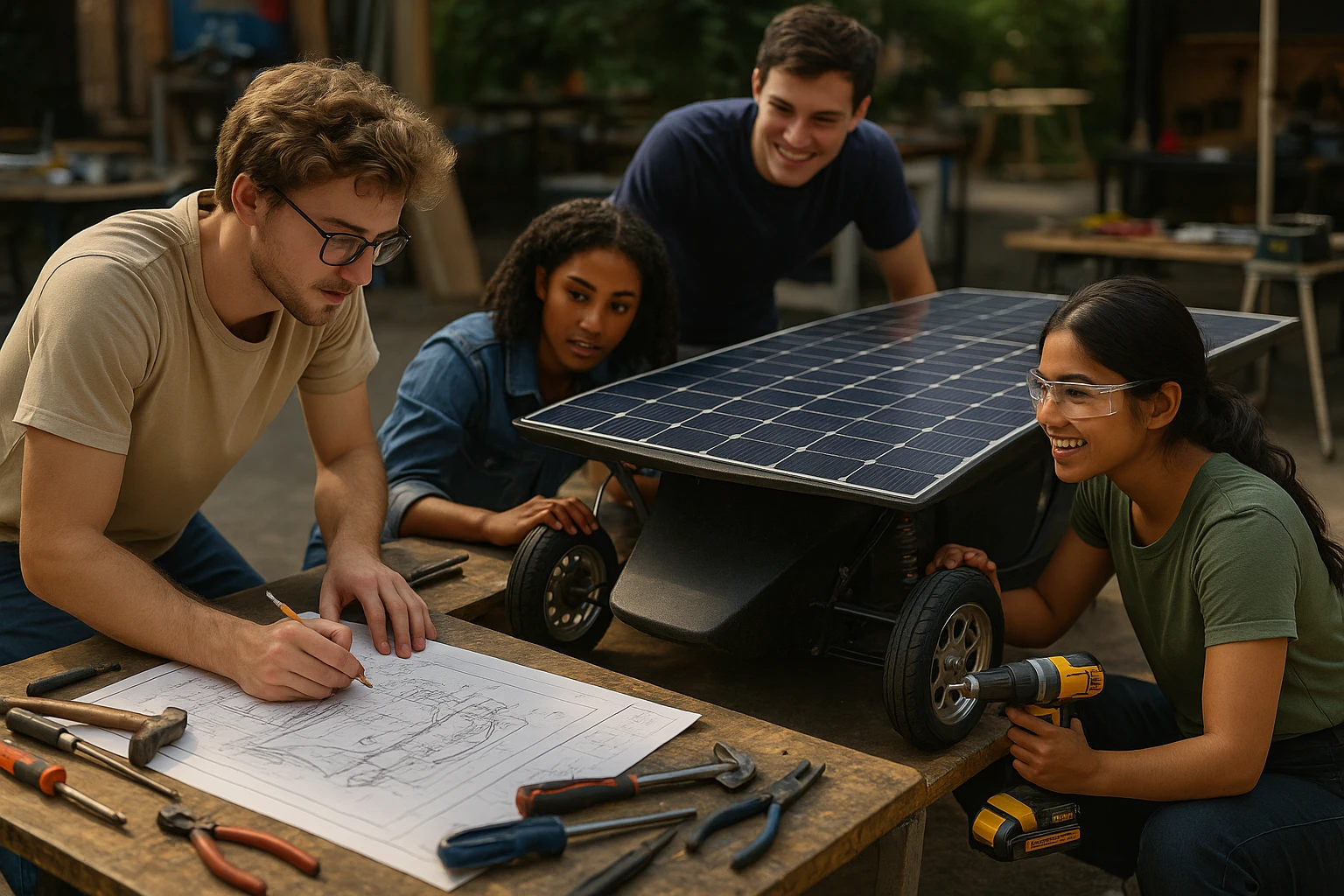 A bustling outdoor workshop with young people collaborating to build a solar-powered vehicle, surrounded by tools and blueprints, showcasing Electus Global Education Co's innovative approach to hands-on learning and real-world impact.