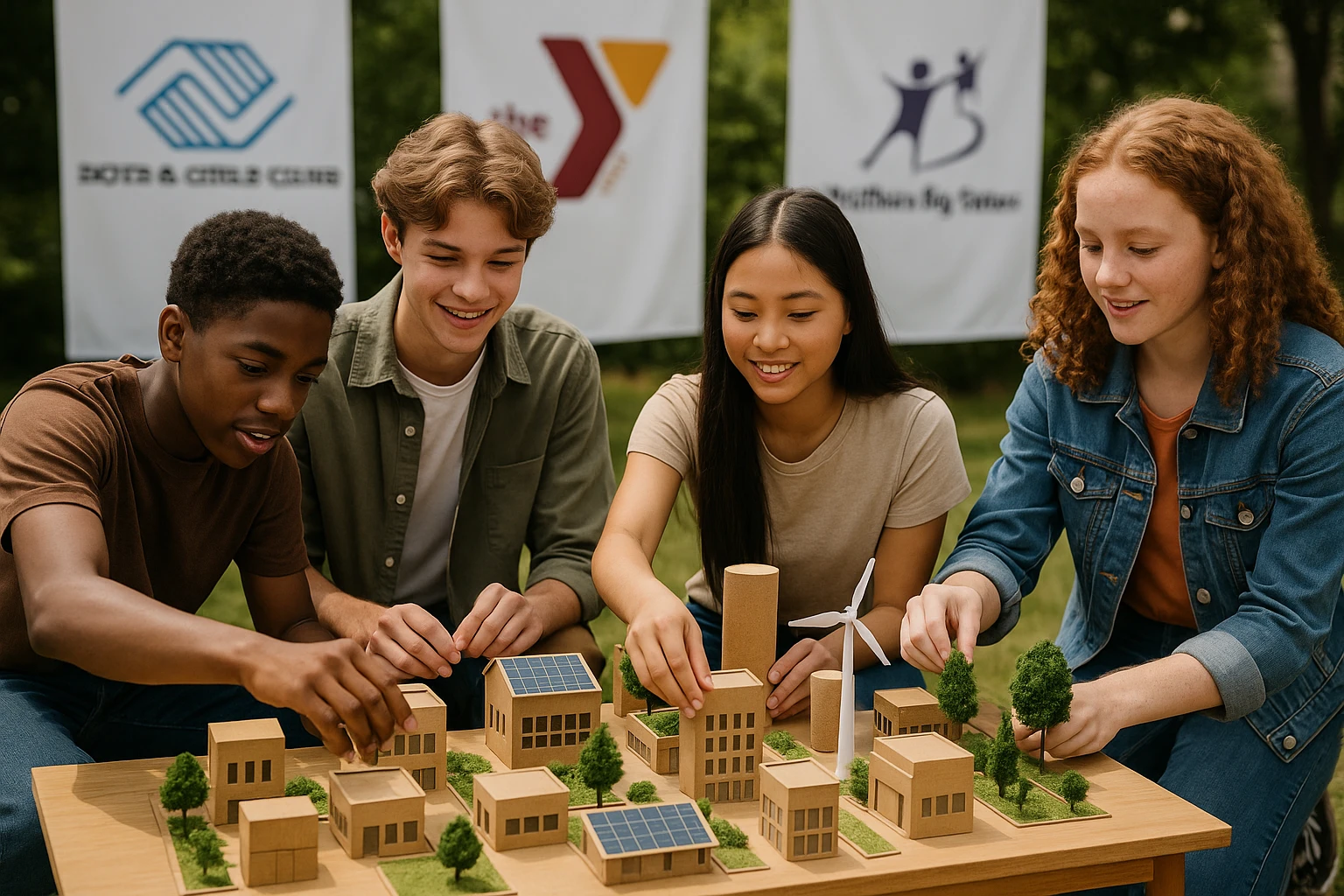 A group of diverse teens collaborates outdoors, assembling a model of a sustainable city using eco-friendly materials, with logos of Boys & Girls Clubs, YMCA, and Big Brothers Big Sisters displayed on banners in the background, symbolizing unity and innovation.