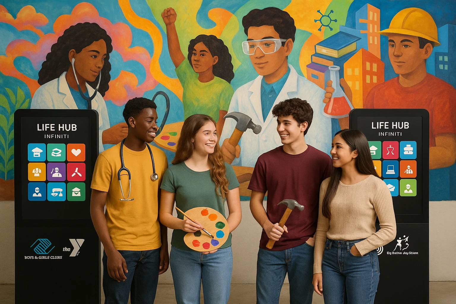 A group of engaged teens gathered around a vibrant mural wall featuring inspirational quotes and colorful depictions of career paths, with each holding unique career tools such as a stethoscope, a painter’s palette, and carpenter's tools, alongside Life Hub Infiniti AI interactive stands showcasing diverse career opportunities, prominently displaying the logos of Boys & Girls Clubs, YMCA, and Big Brother Big Sister.