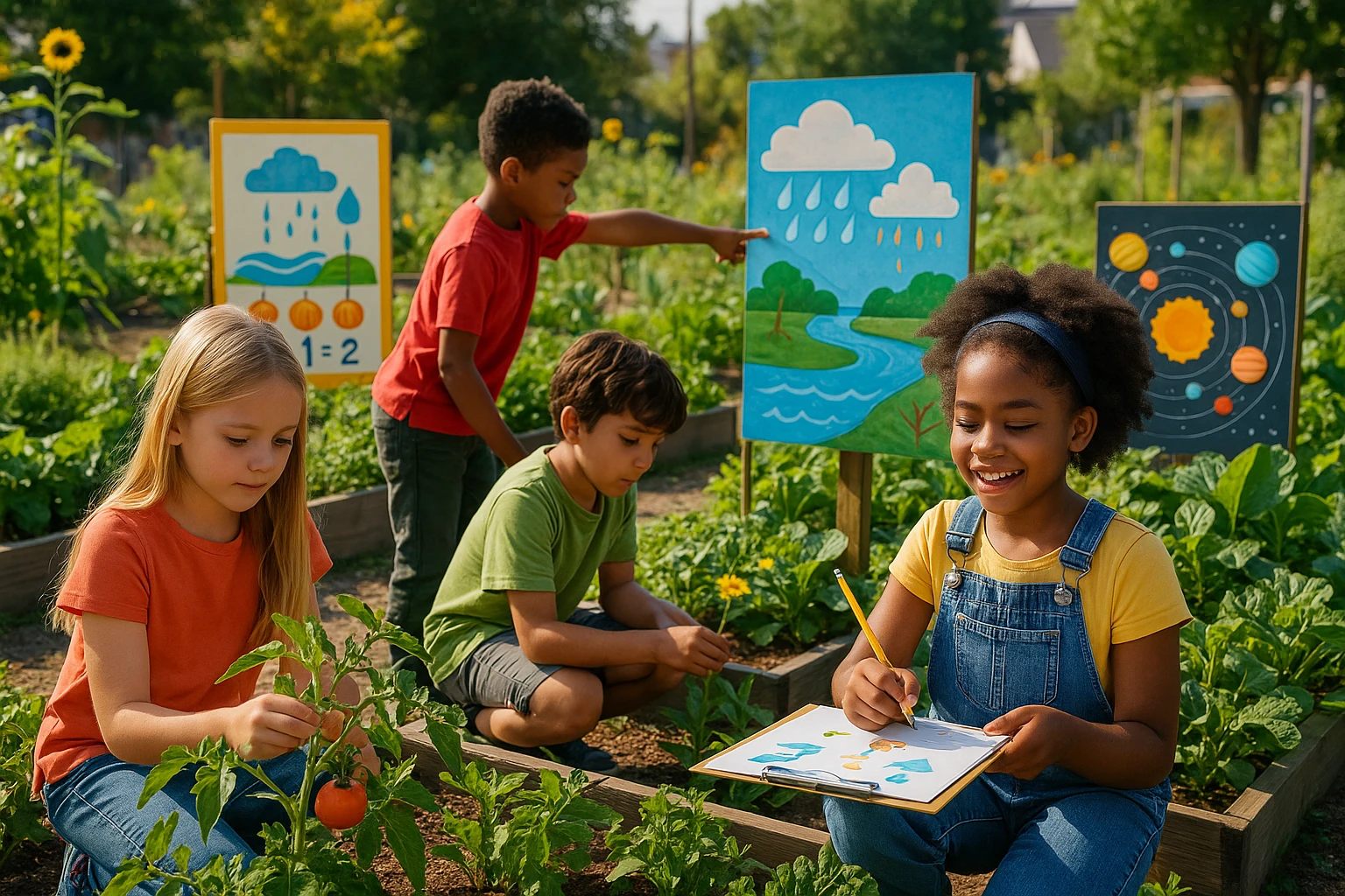 A colorful outdoor scene with children playing and learning in a community garden, surrounded by plants and educational signage that illustrates state-aligned curriculum concepts created with Life Hub Infiniti AI tools.