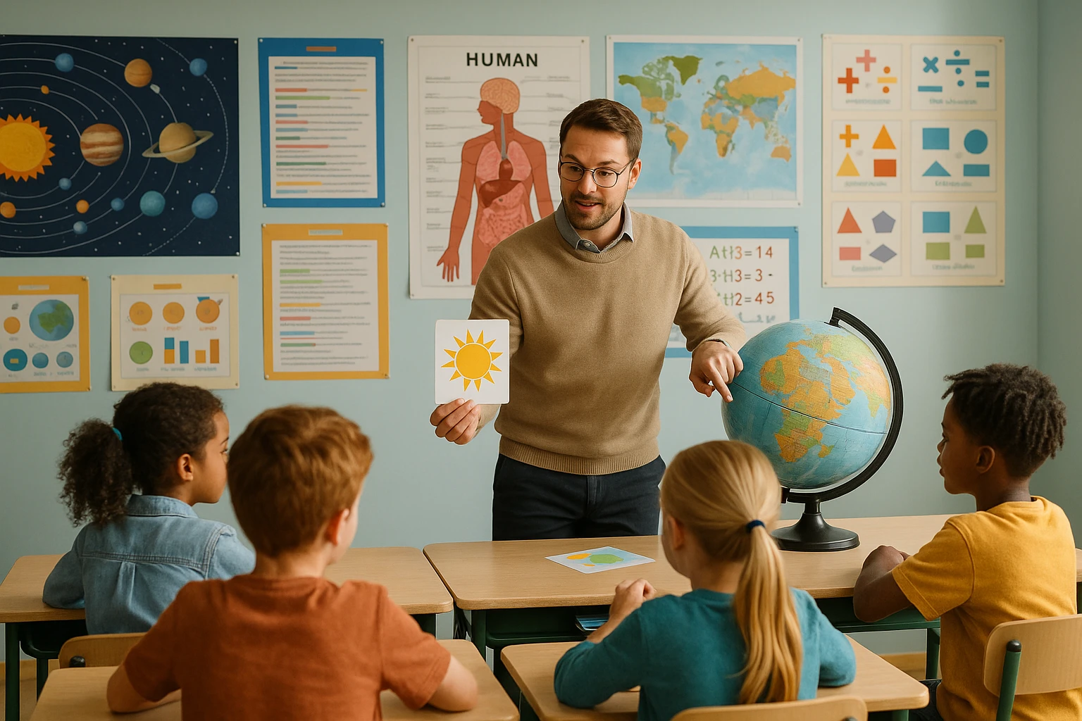 A lively classroom setting with colorful educational posters on the walls depicting various state-standard topics, and a teacher using physical flashcards and an interactive globe to engage students in a lesson designed with Life Hub Infiniti AI tools.