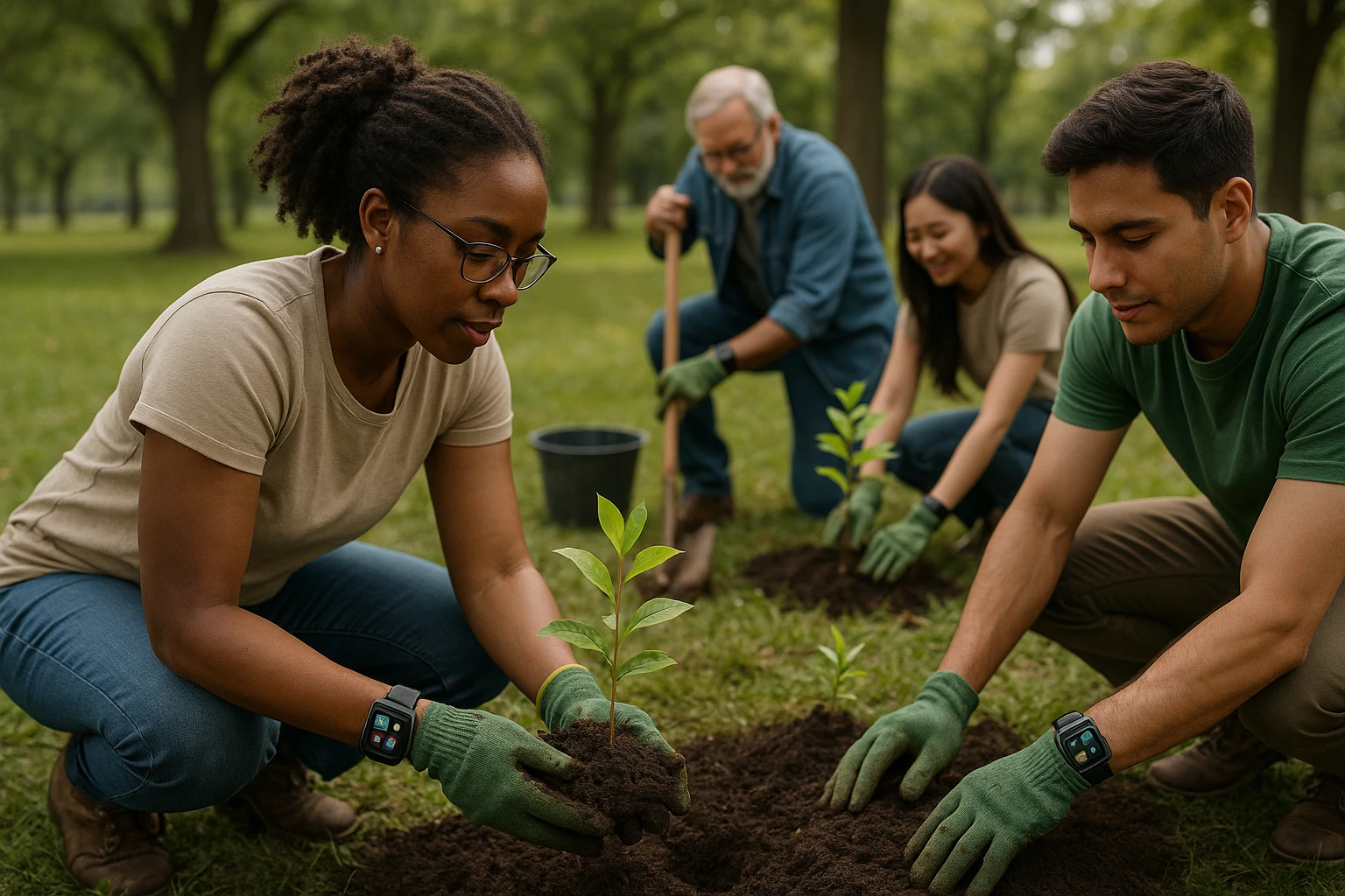 A diverse group of people planting trees in a park, each wearing a smartwatch displaying the Life Hub Infiniti AI app interface, symbolizing economic opportunity and social upward mobility through environmental action.