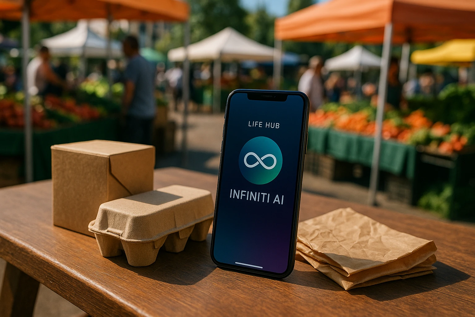 A smartphone displaying the Life Hub Infiniti AI app is placed on a wooden table alongside eco-friendly product packaging materials, symbolizing CSR and ESG goals through sustainable business practices, set against the backdrop of a vibrant outdoor farmer's market.