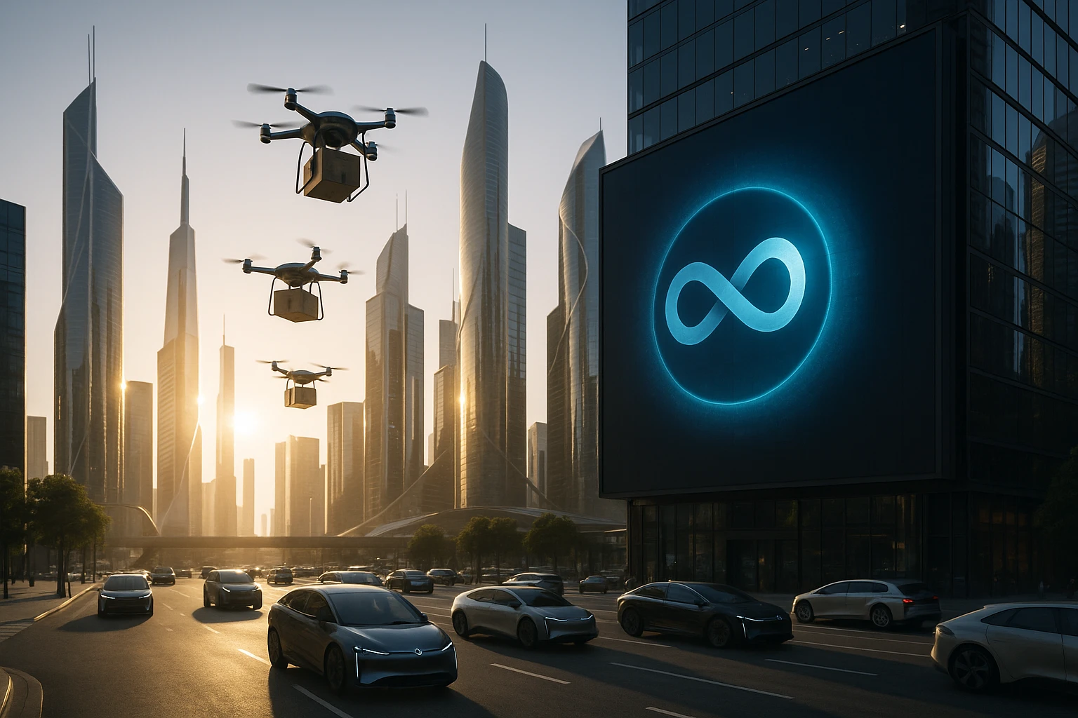 A futuristic cityscape with sleek skyscrapers reflecting the sun, while a large digital billboard displays the logo of 