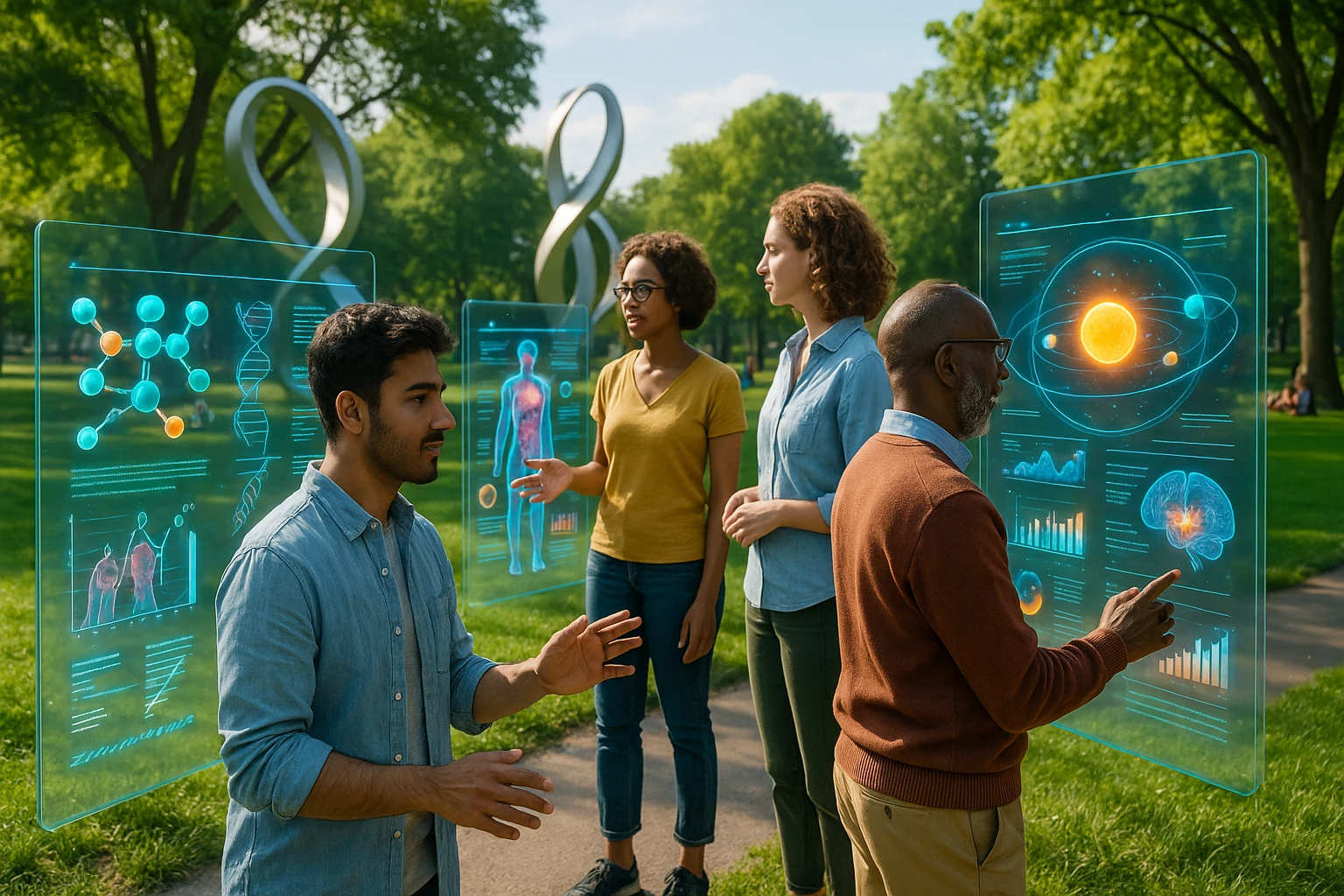 A group of diverse individuals gathered in a vibrant outdoor park, engaging with interactive holographic displays showcasing educational modules provided by 