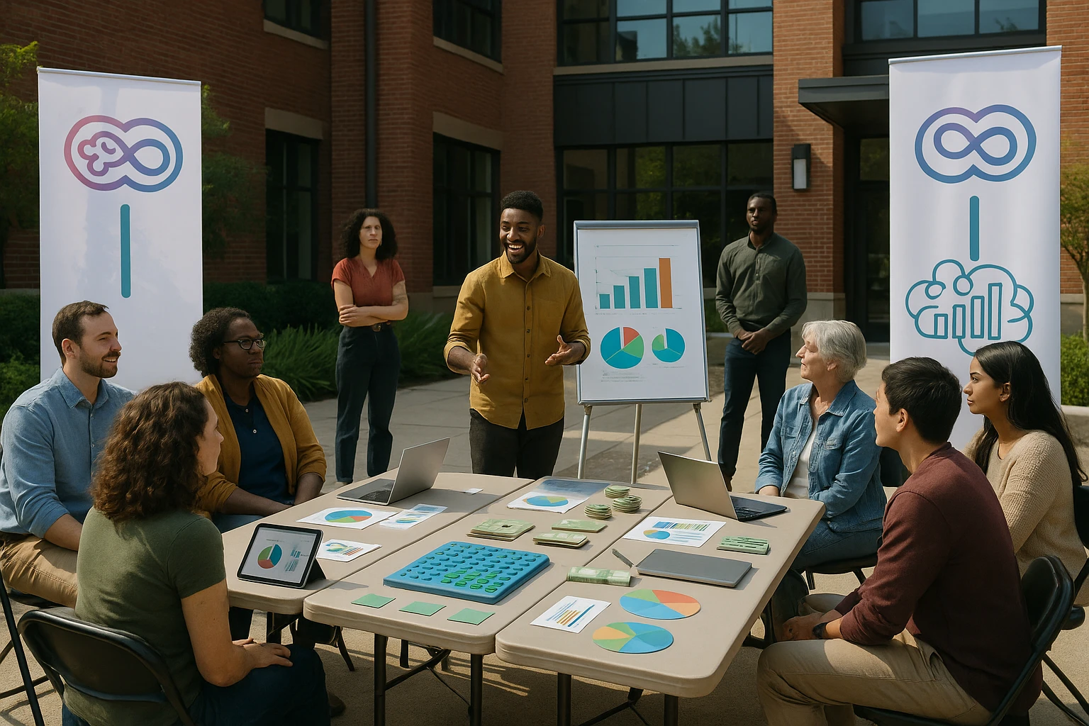 A bustling community center where diverse individuals participate in an outdoor workshop on economic development, showcasing Life Hub Infiniti AI banners and interactive financial literacy tools on display tables.