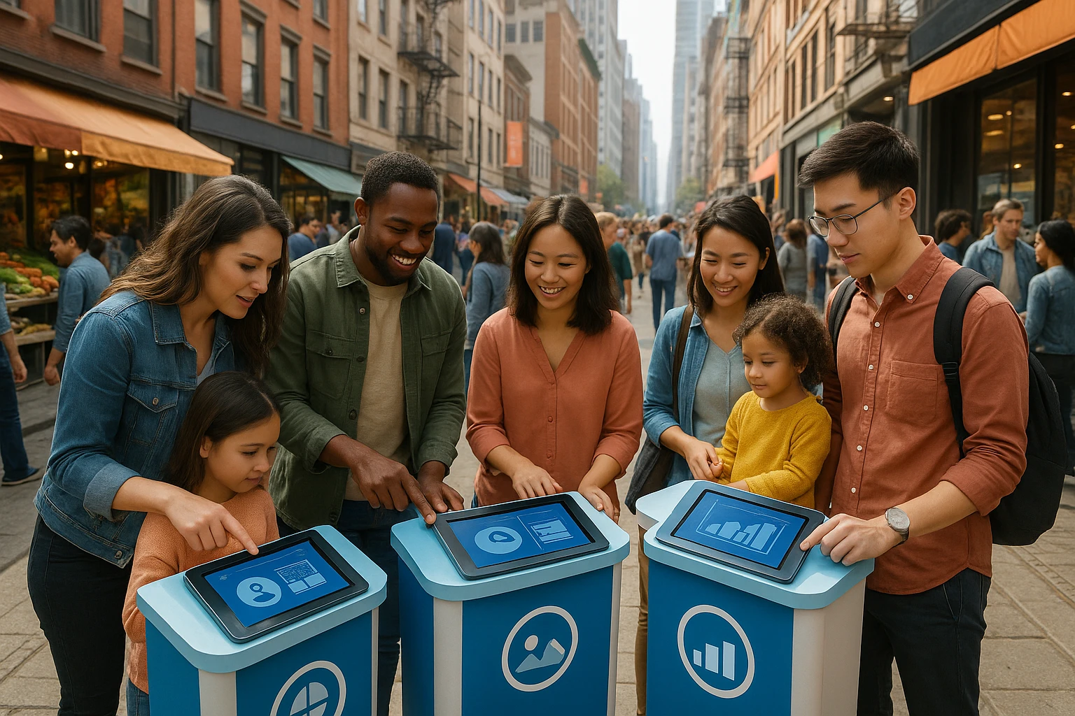 A bustling urban street market with vendors showcasing Life Hub Infiniti AI-branded informational booths featuring interactive financial literacy games on tablets, attracting families and young professionals exploring economic development opportunities.