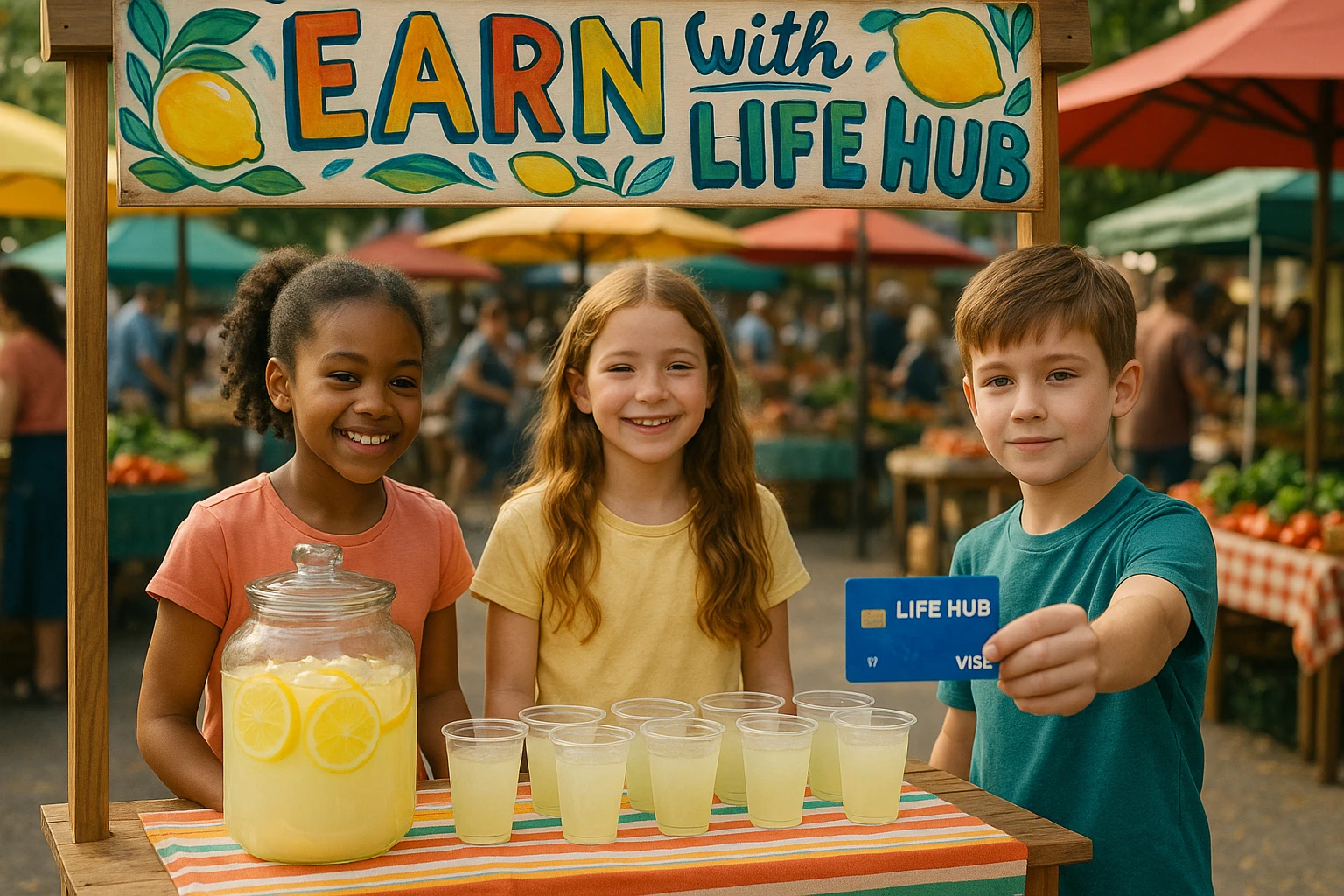 A vibrant outdoor market scene where children are selling homemade lemonade at a stand, using a colorful sign that reads “Earn with Life Hub.” Nearby, a Life Hub Visa card is prominently displayed, symbolizing empowerment through financial literacy.