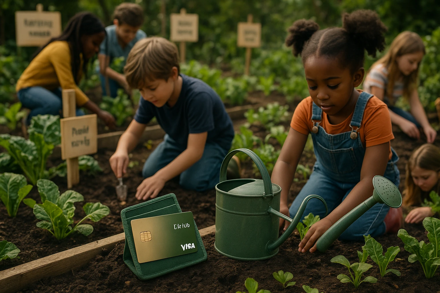 A bustling community garden where children are planting seeds and tending to vegetables, guided by signs about earning and saving money. A Life Hub Visa card is placed in a small, green wallet beside a watering can, symbolizing the integration of practical financial learning in outdoor activities.