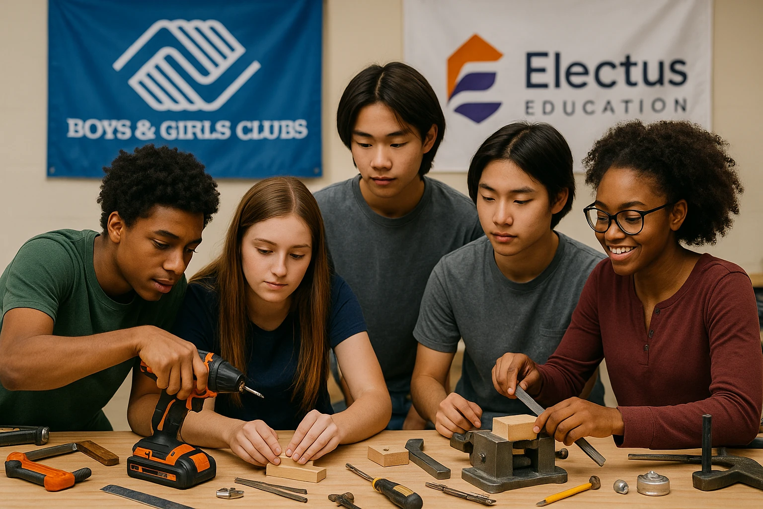 A group of diverse teenagers engaging in a hands-on workshop, surrounded by physical tools and materials for building projects, with banners displaying the Boys & Girls Clubs and Electus Education logos in the background.