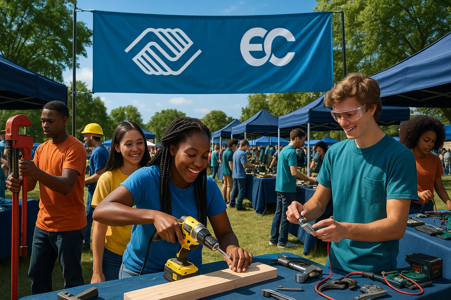 A vibrant outdoor community event featuring a large banner with the Boys & Girls Clubs and Electus Education logos, surrounded by interactive career booths showcasing physical tools and instruments, with young people enthusiastically engaging in hands-on activities under sunny skies.