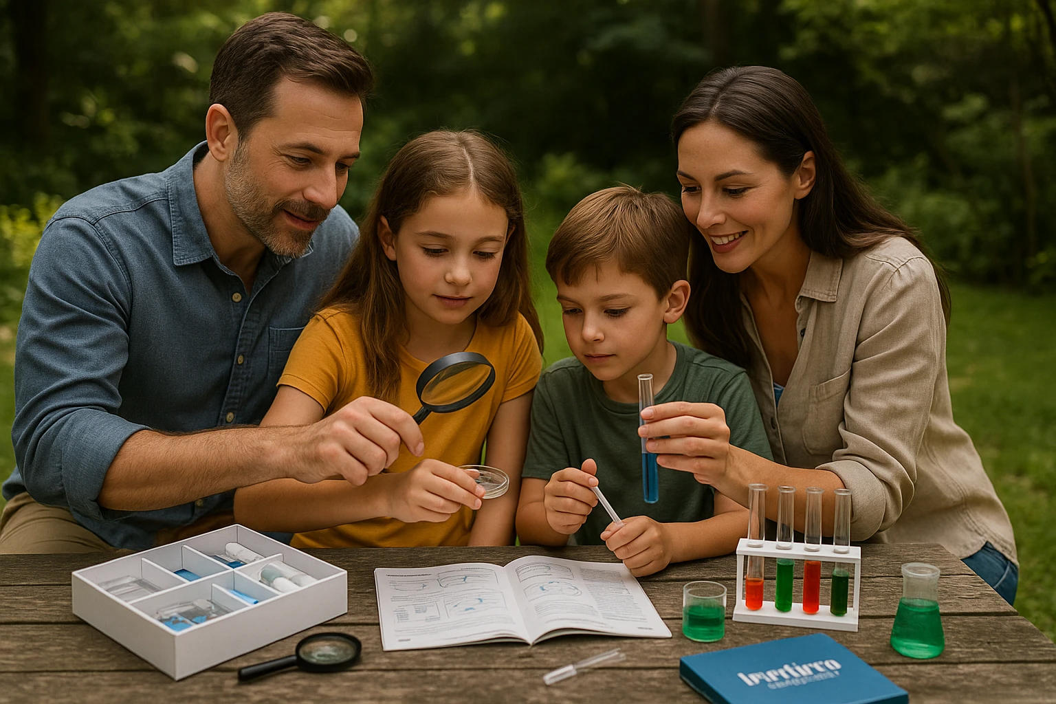 A family engaged in a hands-on science experiment in their backyard, with Electus Education and Life Hub Infiniti AI kits and manuals spread out on a picnic table, surrounded by nature and educational tools like magnifying glasses and test tubes.