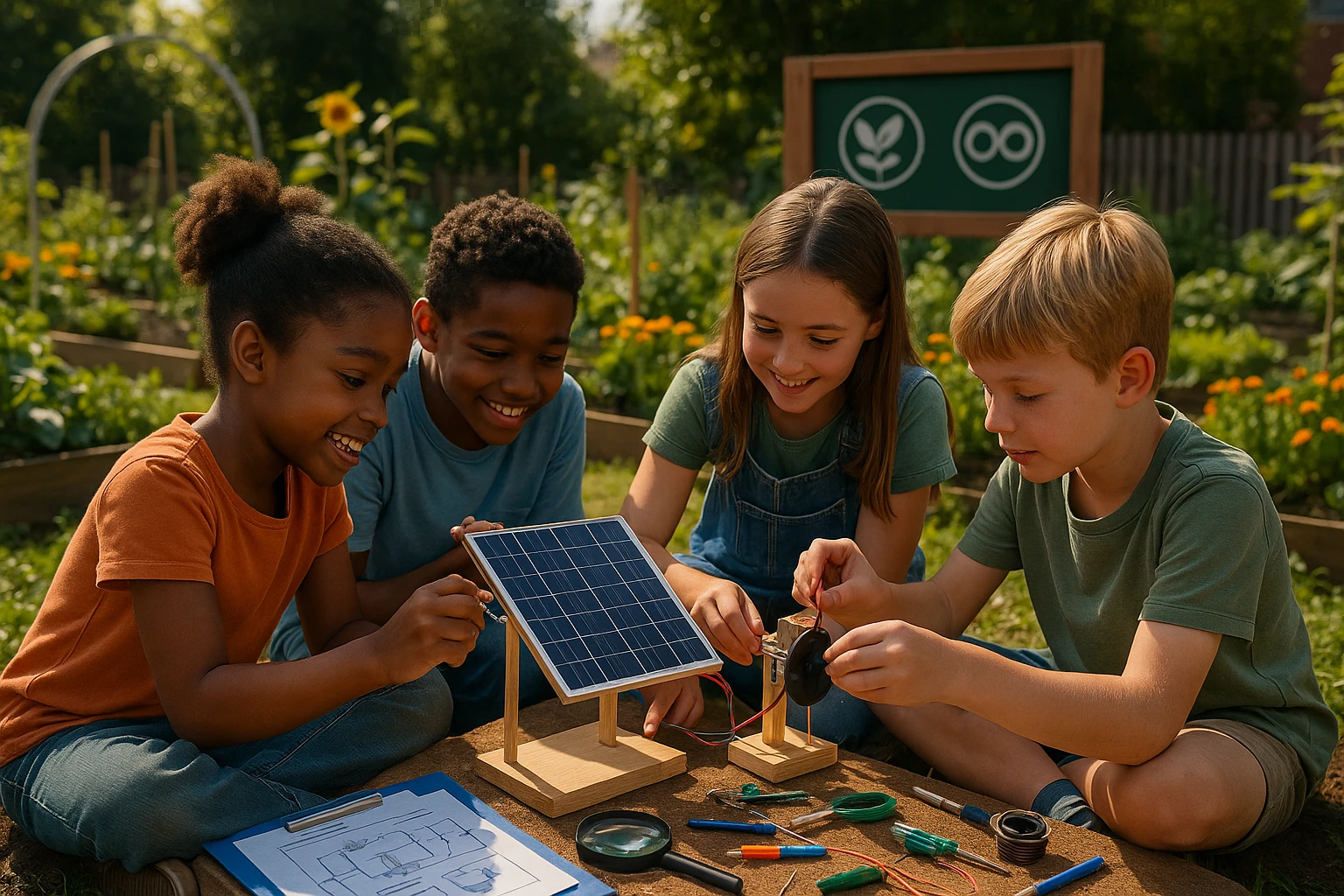 A vibrant community garden scene where children are collaboratively building a small solar-powered device, surrounded by educational tools and materials, with logos of Electus Education and Life Hub Infiniti AI subtly incorporated into the garden's signage.
