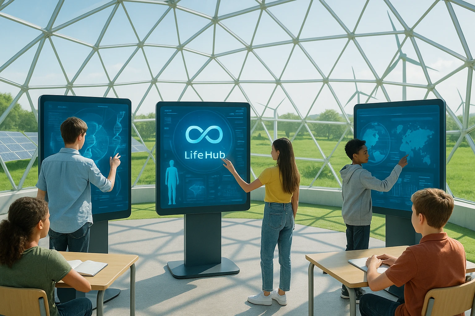 A futuristic classroom under a dome with students interacting with large, interactive digital panels that display the Life Hub Infiniti Ai logo, surrounded by green, open spaces and renewable energy devices, symbolizing innovation and sustainability in education.