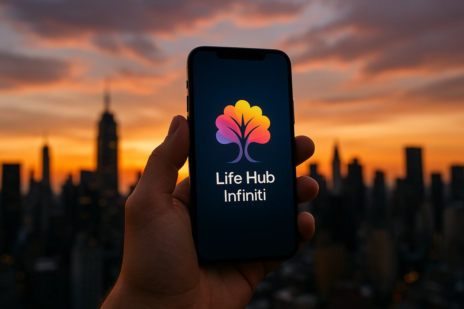 A smartphone displaying the Life Hub Infiniti Ai app interface, held by a hand against a dynamic city skyline at sunset, symbolizing growth and connection, with a focus on the app's vibrant logo illuminated on the screen.