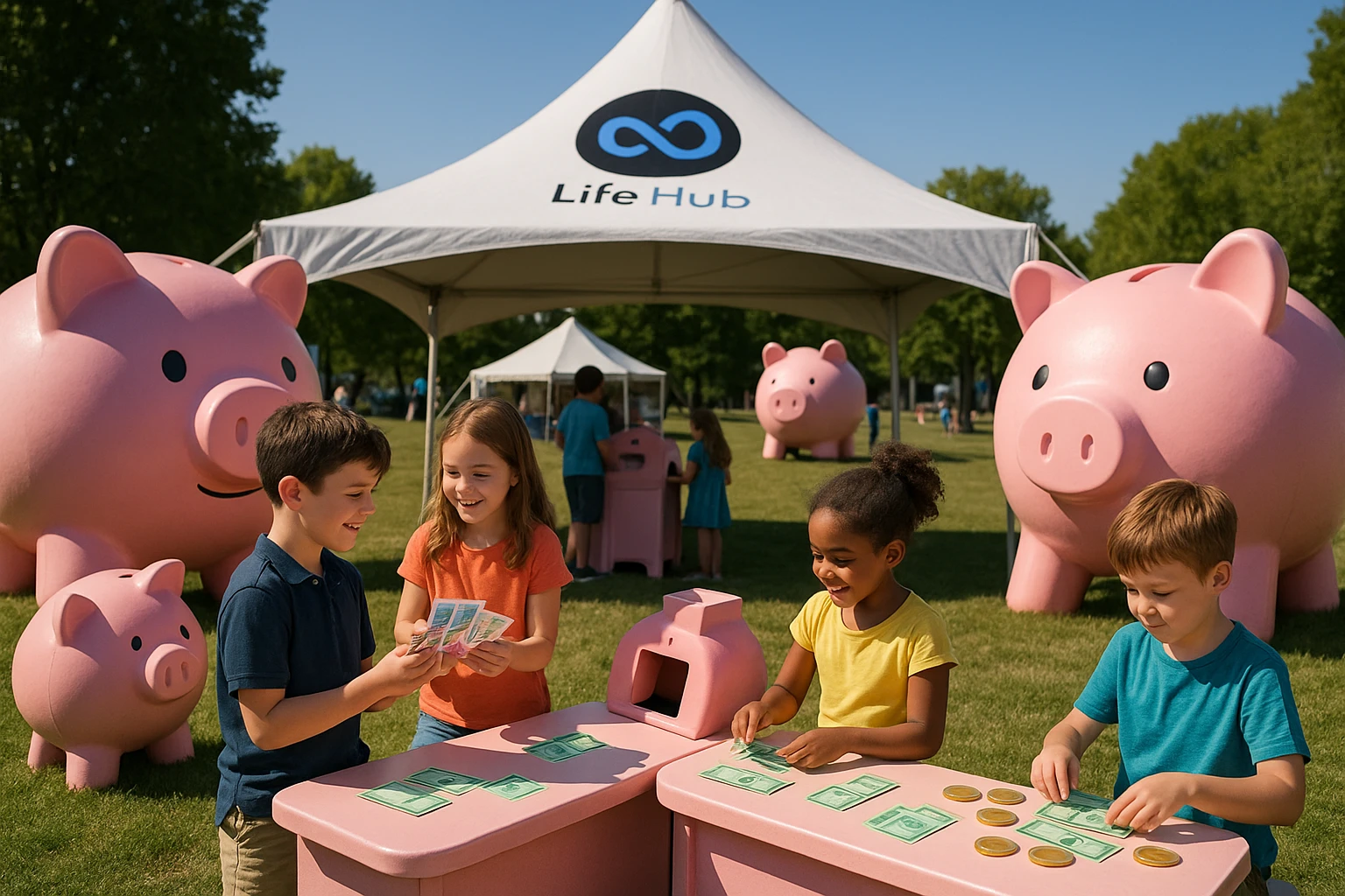 An outdoor financial literacy fair featuring a large tent with the Life Hub Infiniti AI logo, surrounded by interactive kiosks shaped like giant piggy banks, where children play financial literacy games with flashcards and toy currency under a clear blue sky.