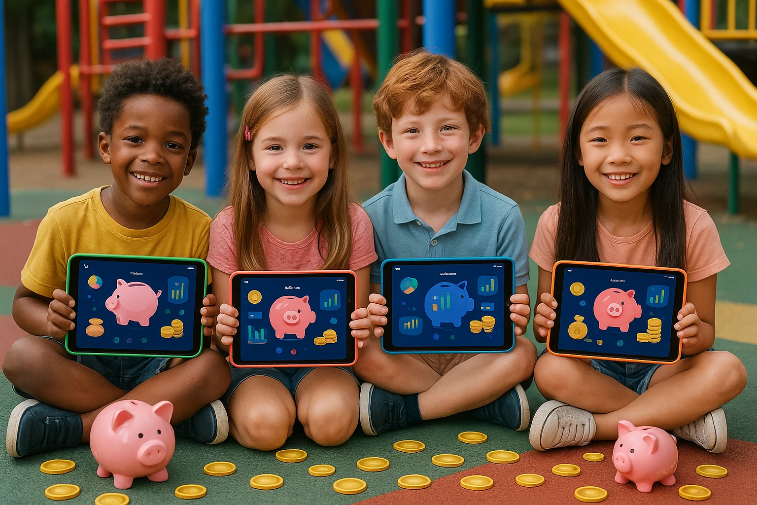 A group of children gathered in a vibrant playground, each holding a colorful tablet displaying the Life Hub Infiniti AI app, surrounded by educational symbols like piggy banks and coins on the ground.