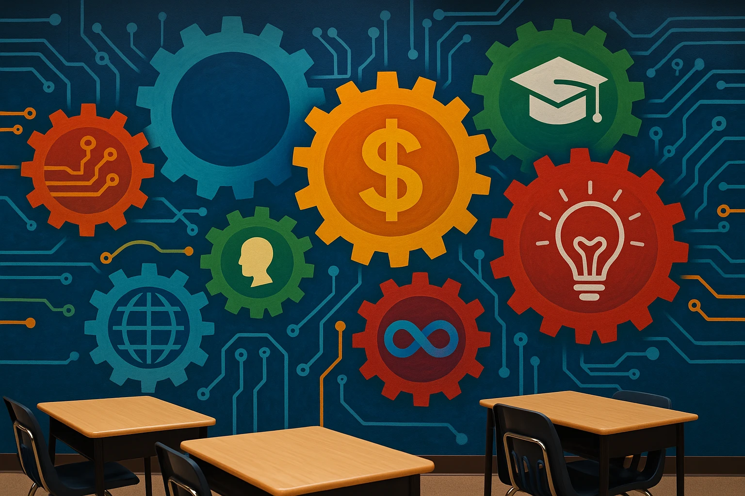A vibrant classroom mural depicting interconnected gears and circuits, symbolizing the synergy of education and finance, with a playful incorporation of Electus Global Education Co and Life Hub Infiniti AI logos.