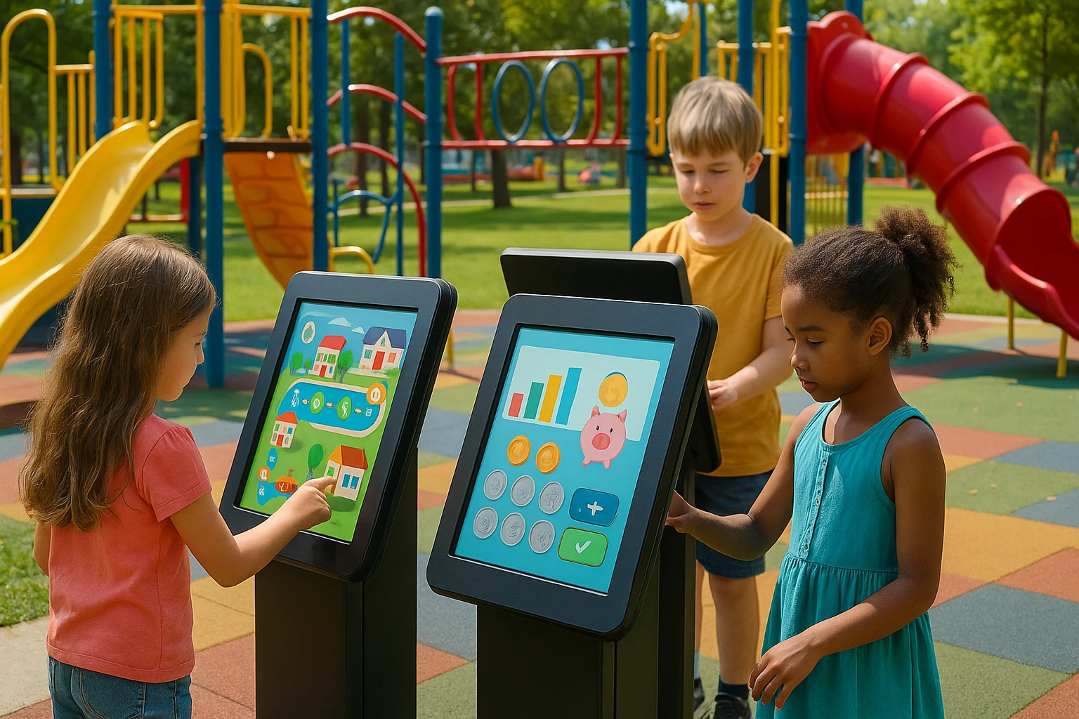 A colorful park scene featuring children engaging with interactive educational kiosks labeled with Electus Global Education Co and Life Hub Infiniti AI logos, each displaying financial literacy games and learning tools amidst vibrant playground equipment.