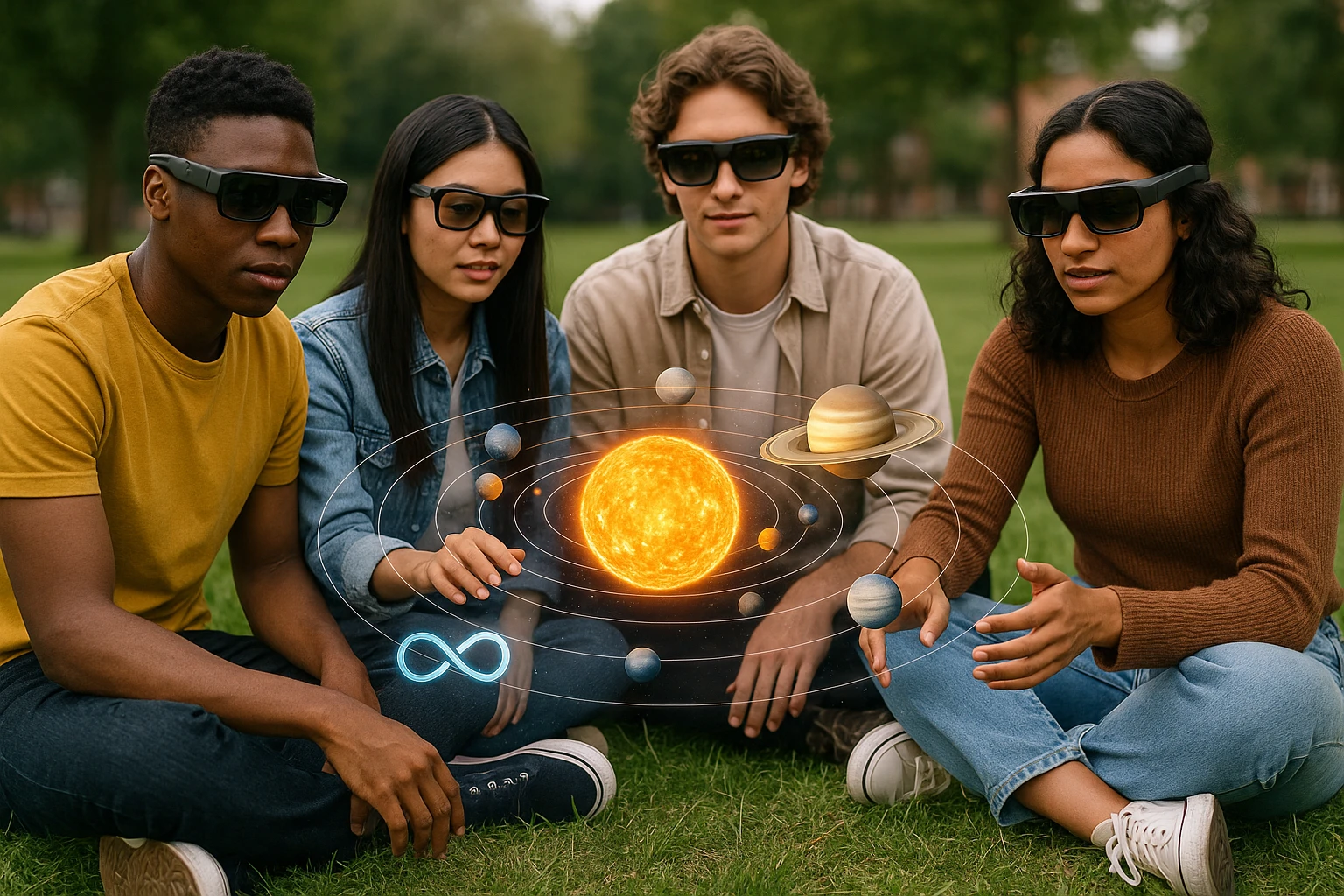 A group of diverse students gathered outside on a grassy field, using AR-enabled smart glasses to interact with a virtual model of a solar system, with the Life Hub Infiniti AI logo subtly incorporated into the immersive holographic display floating mid-air.