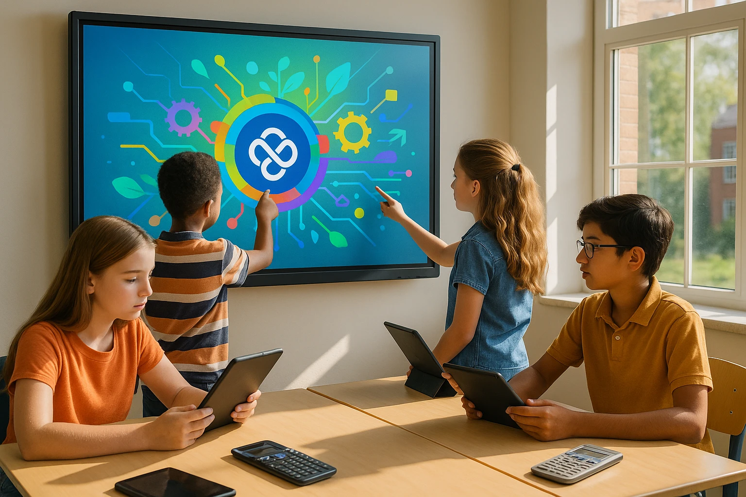 A vibrant classroom scene where students are collaboratively working on a colorful, interactive digital display board featuring the Life Hub Infiniti AI logo, surrounded by educational tools like tablets and smart calculators on a sunny day through large windows.