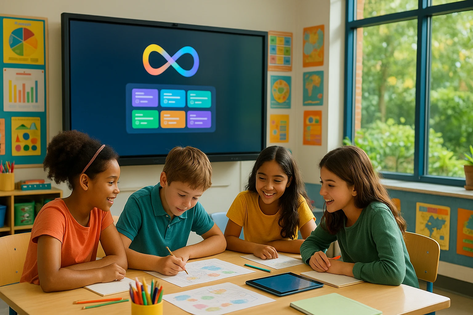 A vibrant classroom setting where a group of students engaged in a collaborative project is surrounded by colorful posters and educational tools, featuring a prominent interactive whiteboard displaying Life Hub Infiniti Ai's logo and interface, set against a backdrop of large windows with a view of a lush garden.