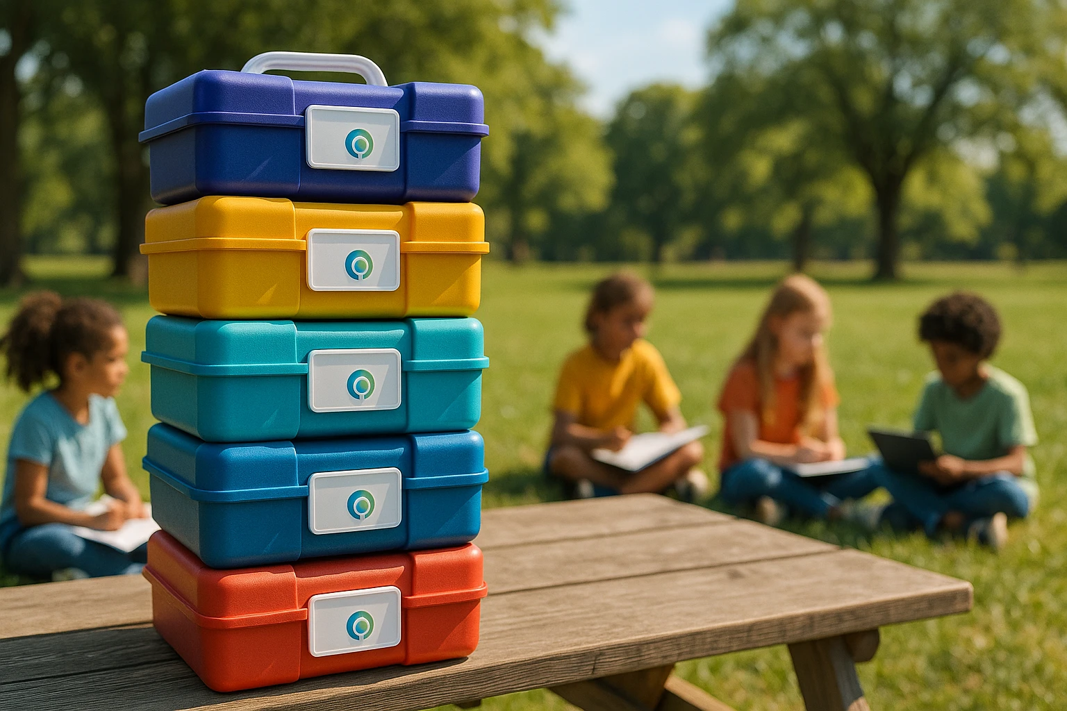 A stack of colorful educational edtech toolboxes labeled 