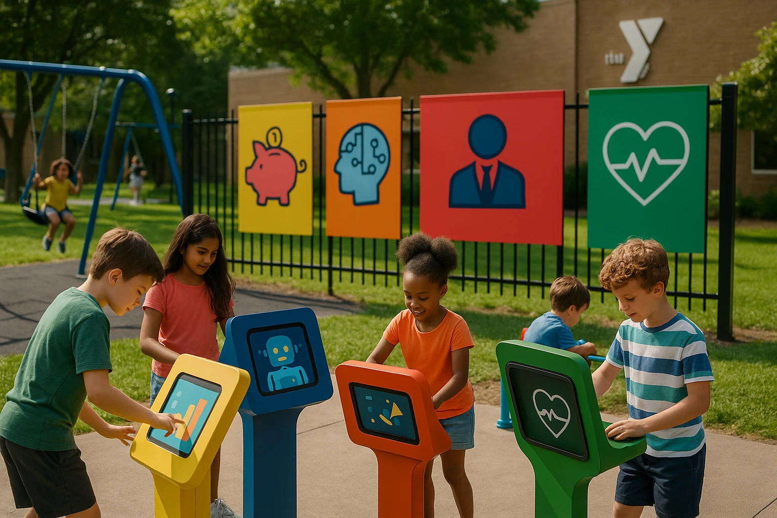 A dynamic outdoor scene at a YMCA playground, featuring vibrant posters showcasing Life Hub Infiniti AI's four core learning areas—financial literacy, AI literacy, career readiness, and health literacy—each represented by colorful, eye-catching symbols. A group of children energetically engaging with interactive, AI-driven learning kiosks arranged around the park.