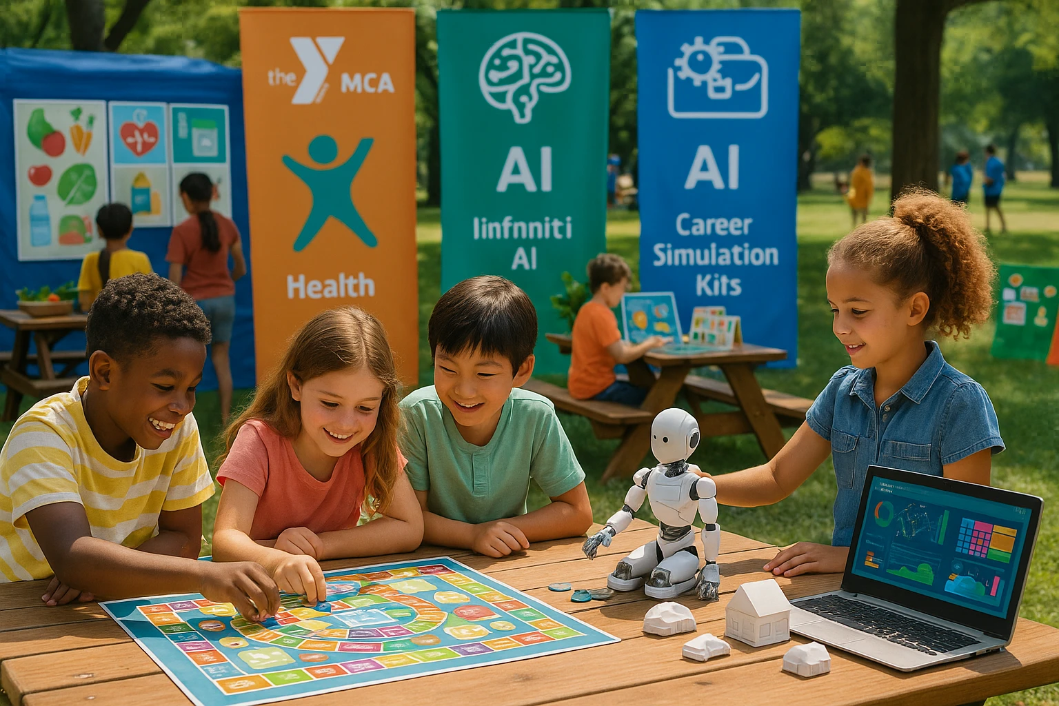 A lively outdoor YMCA picnic scene with Life Hub Infiniti AI educational banners, featuring children playing interactive financial literacy board games while others explore AI models and career simulation kits on picnic tables surrounded by colorful health-themed displays.