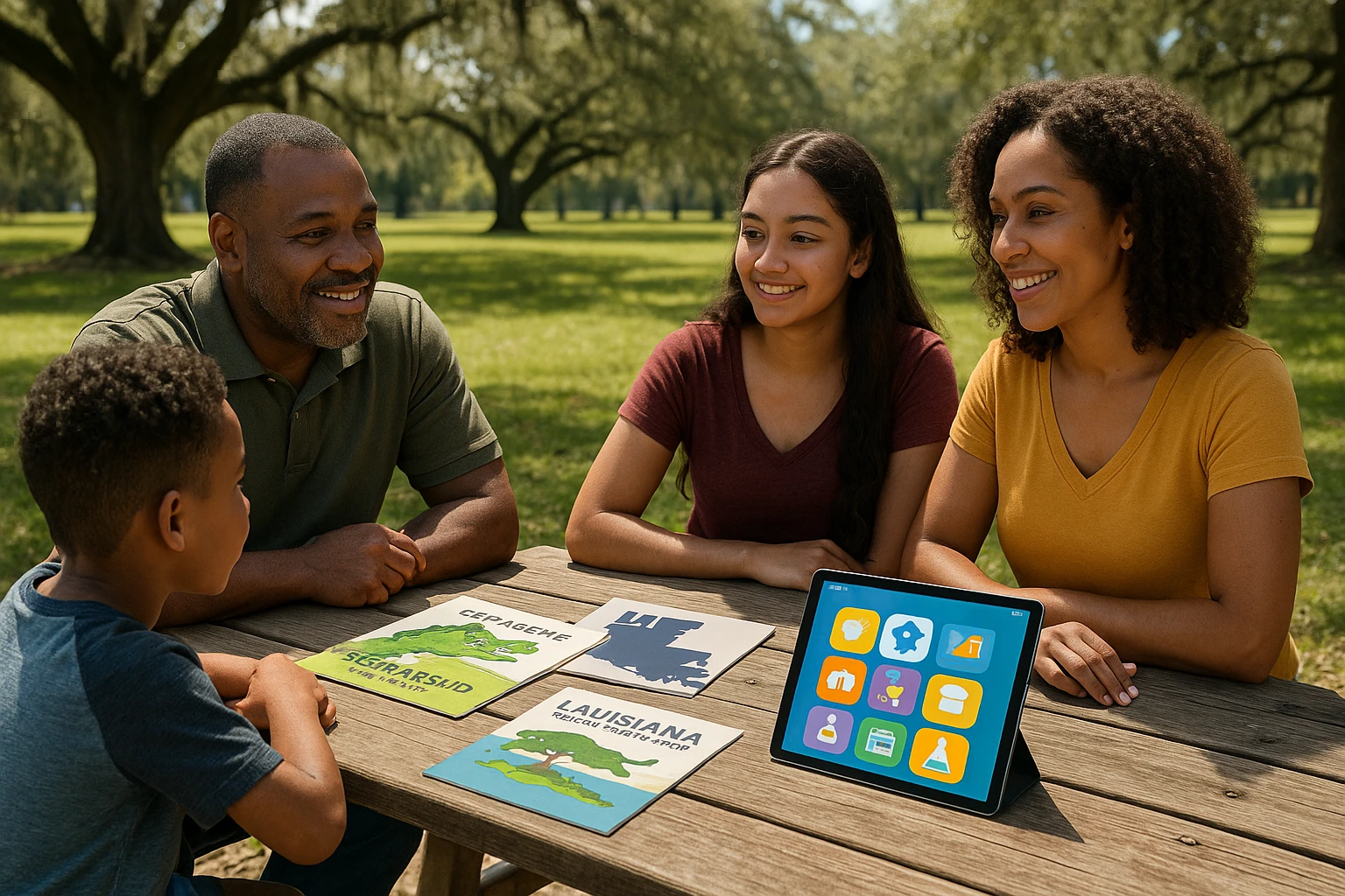 A family gathering around a picnic table in a Louisiana park with brochures about the LA GATOR Scholarship Fund and Life Hub scattered on the table, alongside a tablet showcasing the Electus Education app interface in bright daylight.