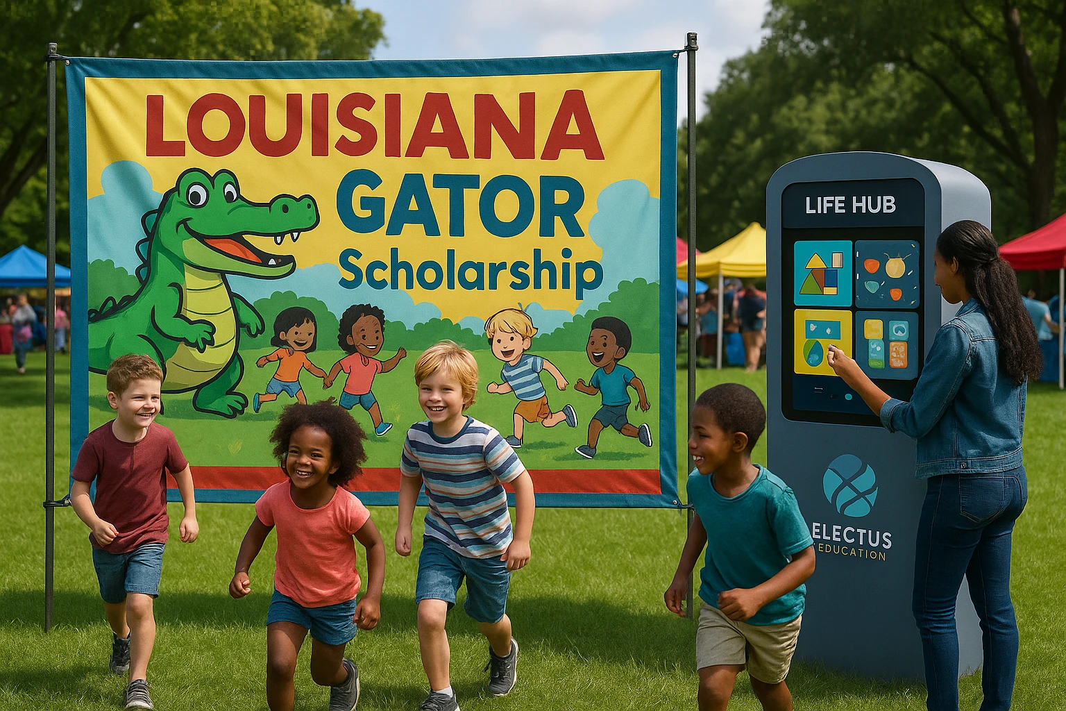 A colorful outdoor banner at a Louisiana community fair displays the words 
