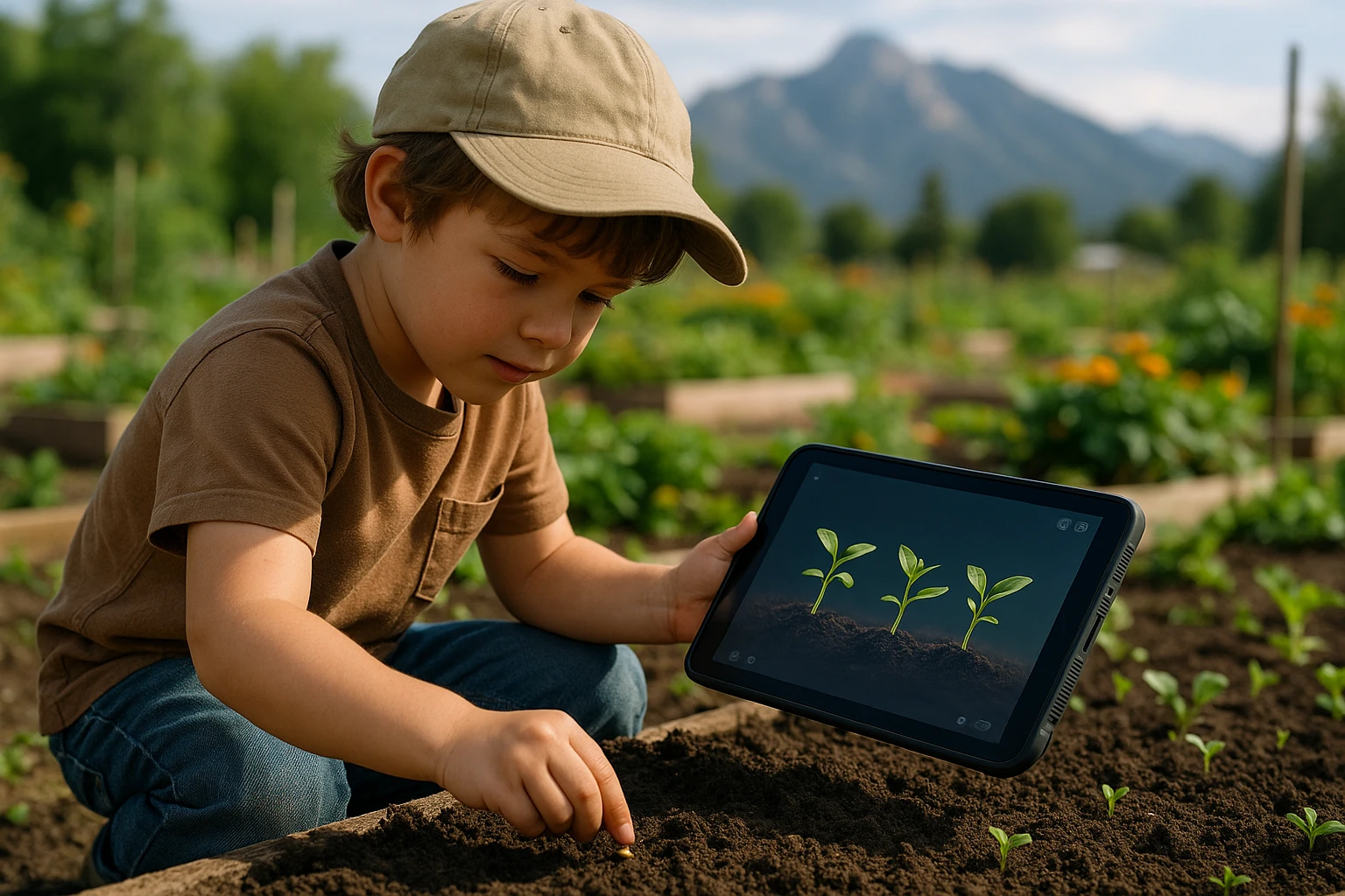 A child planting seeds in a vibrant community garden, holding an educational tablet from Life Hub Infiniti AI displaying interactive plant growth simulations, with mountains visible in the background, signifying Wyoming's natural setting.