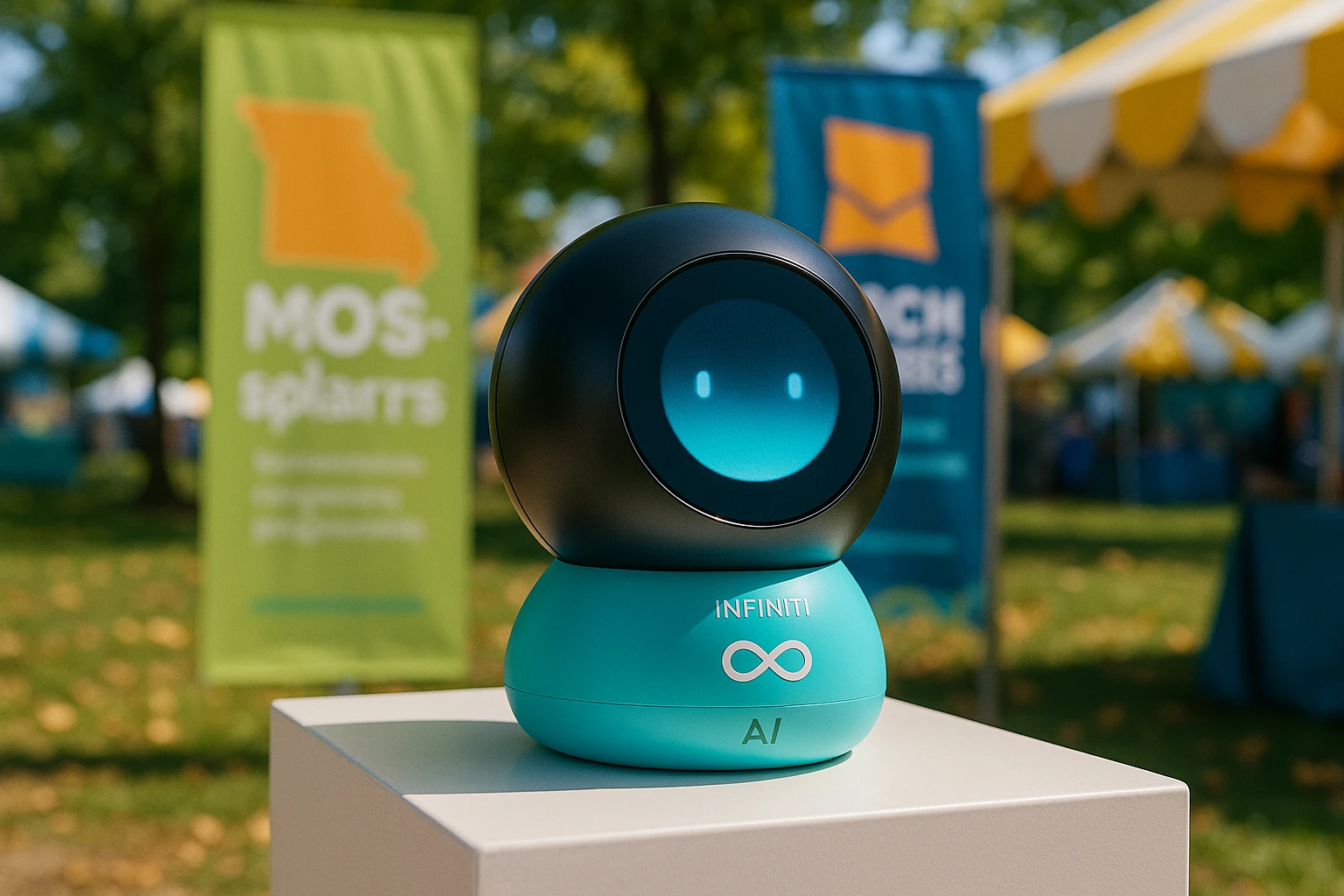 A close-up of a vibrant educational exhibit at an outdoor fair displaying Life Hub's Infiniti AI device on a pedestal, with informative banners about Missouri's MOScholars program fluttering in the background.
