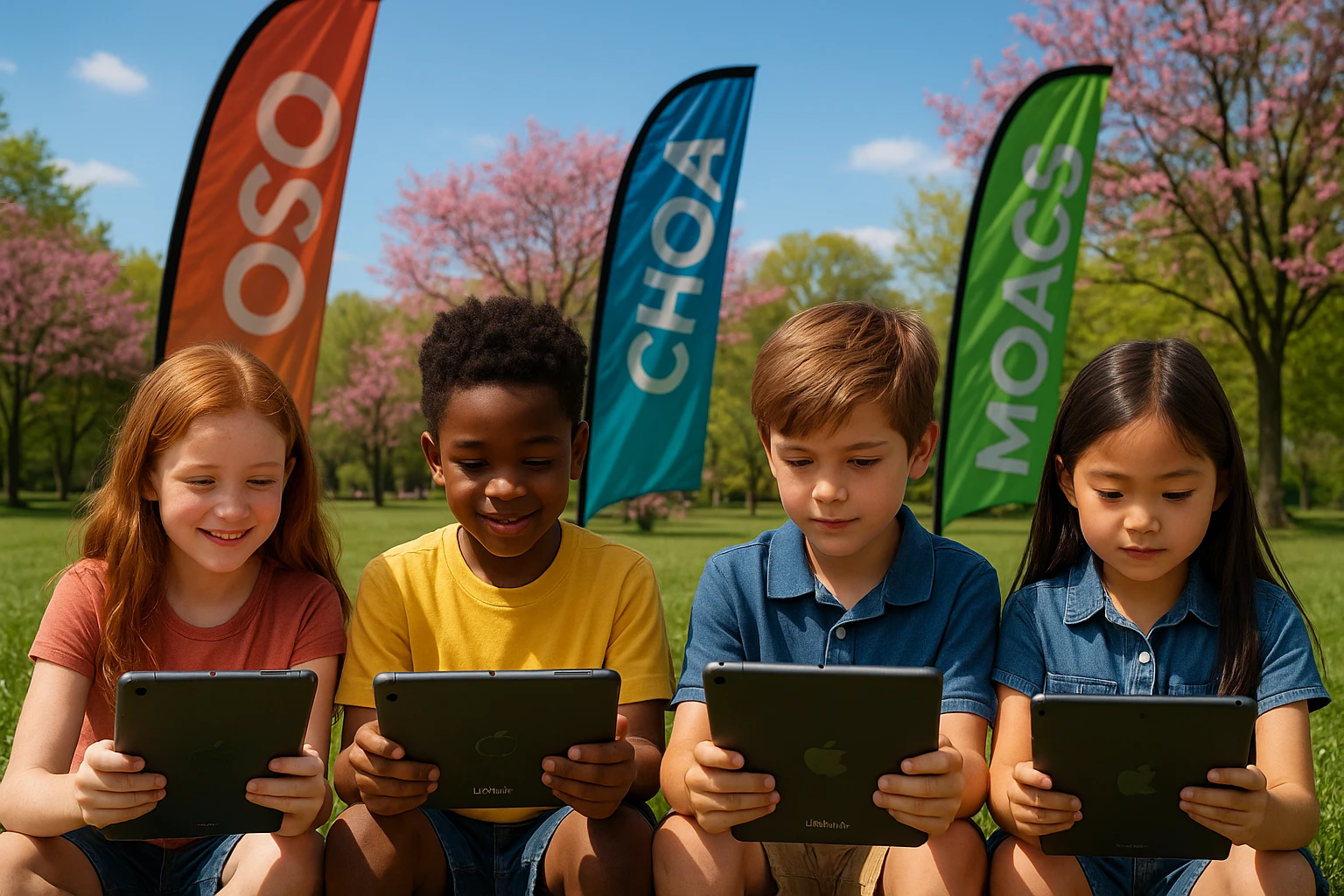 A scenic Missouri park with children using Life Hub Infiniti AI tablets outdoors, surrounded by colorful banners promoting the MOScholars program, with a backdrop of flowering trees and a clear blue sky.