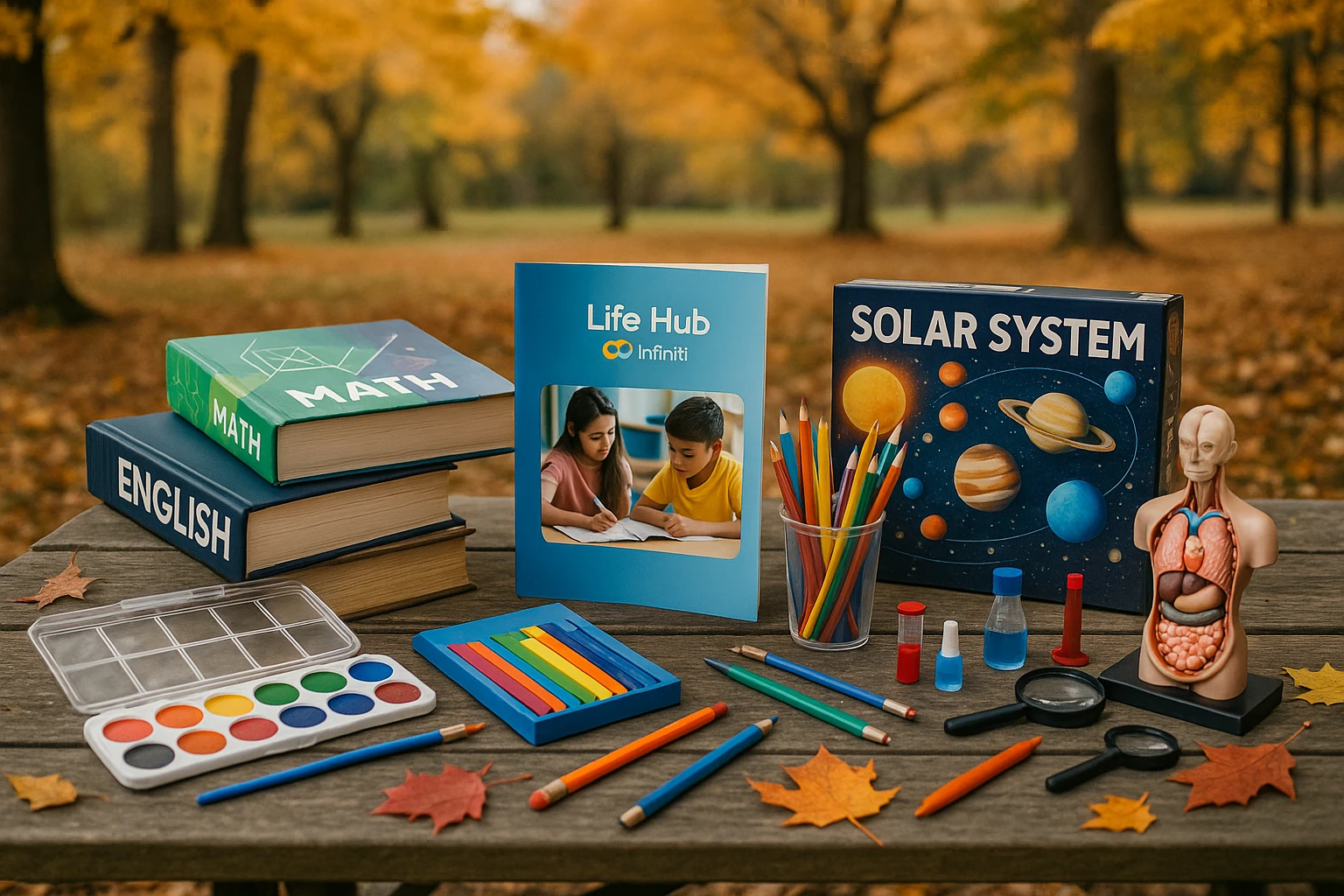 A diverse and colorful array of educational materials like textbooks, science kits, and art supplies spread across a Missouri picnic table under a canopy of autumn leaves, with a Life Hub Infiniti brochure prominently displayed beside them, illustrating the range of resources available through the Missouri ESA MoScholars program.